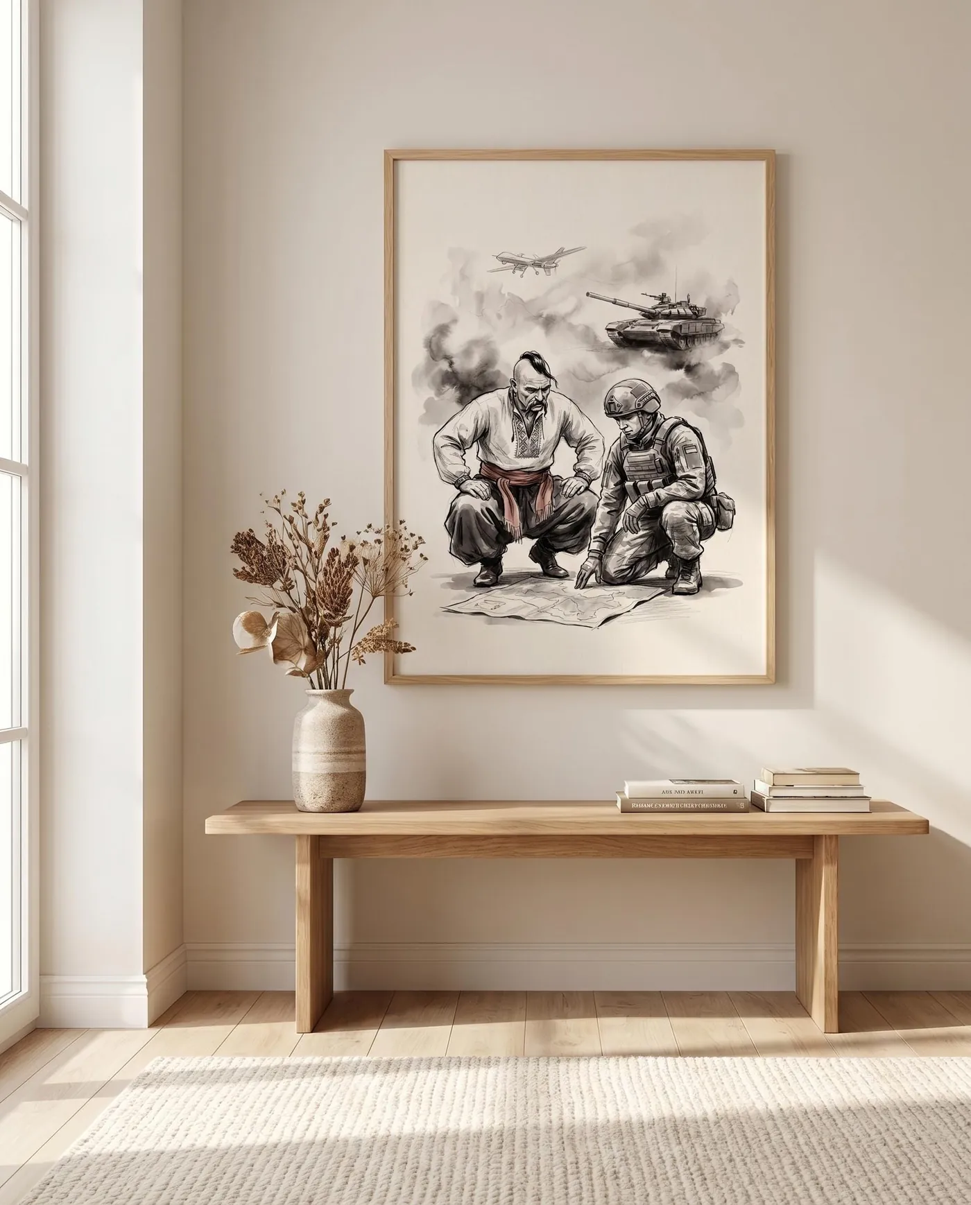 Ukrainian Wall Art | Cossack Soldier Plan Together Sumi-e Ink Print | Black and White Ink Decor | Digital Download