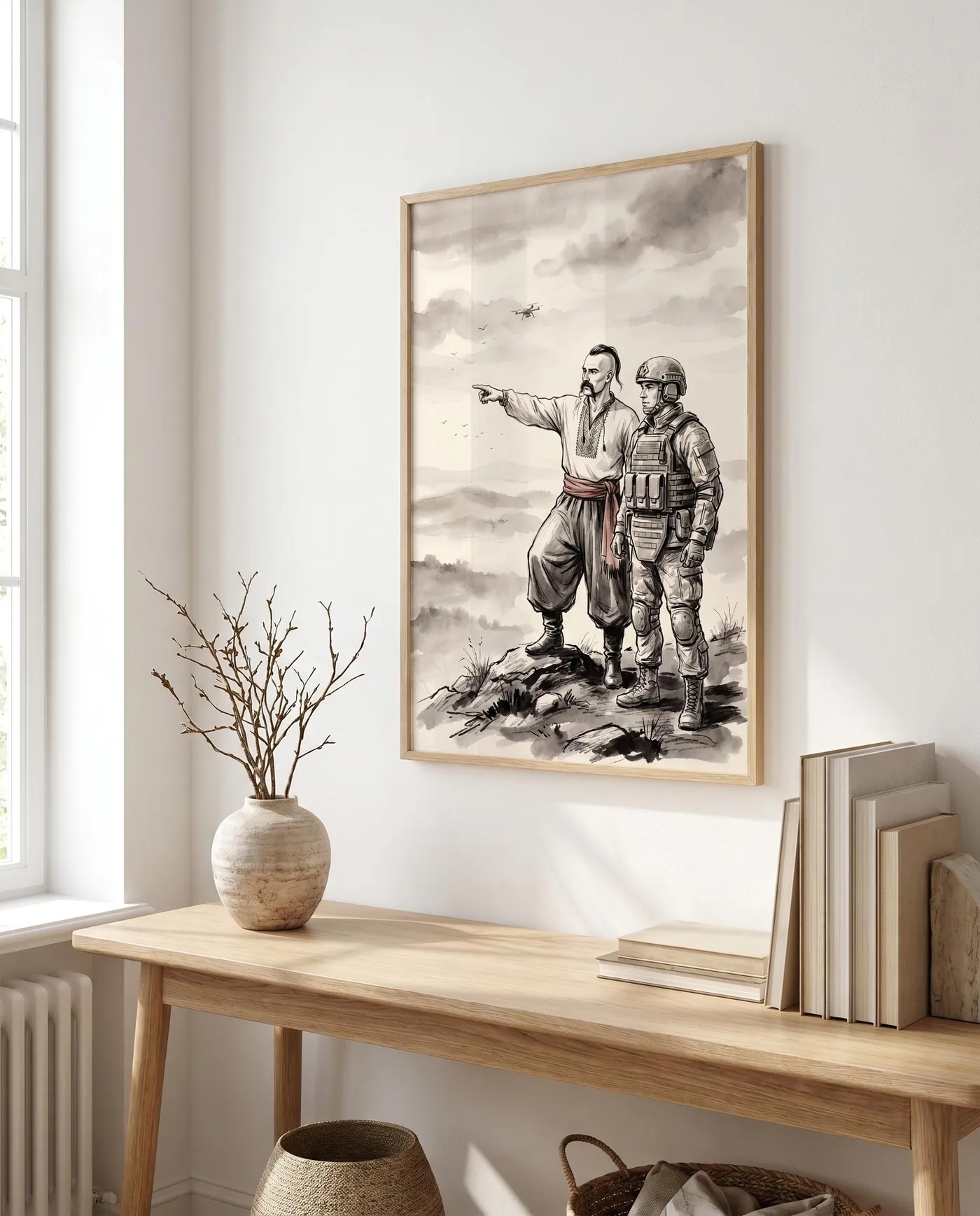 Ukrainian Wall Art | Cossack Shows Way at Sumi-e Ink Print | Black and White Ink Decor | Digital Download