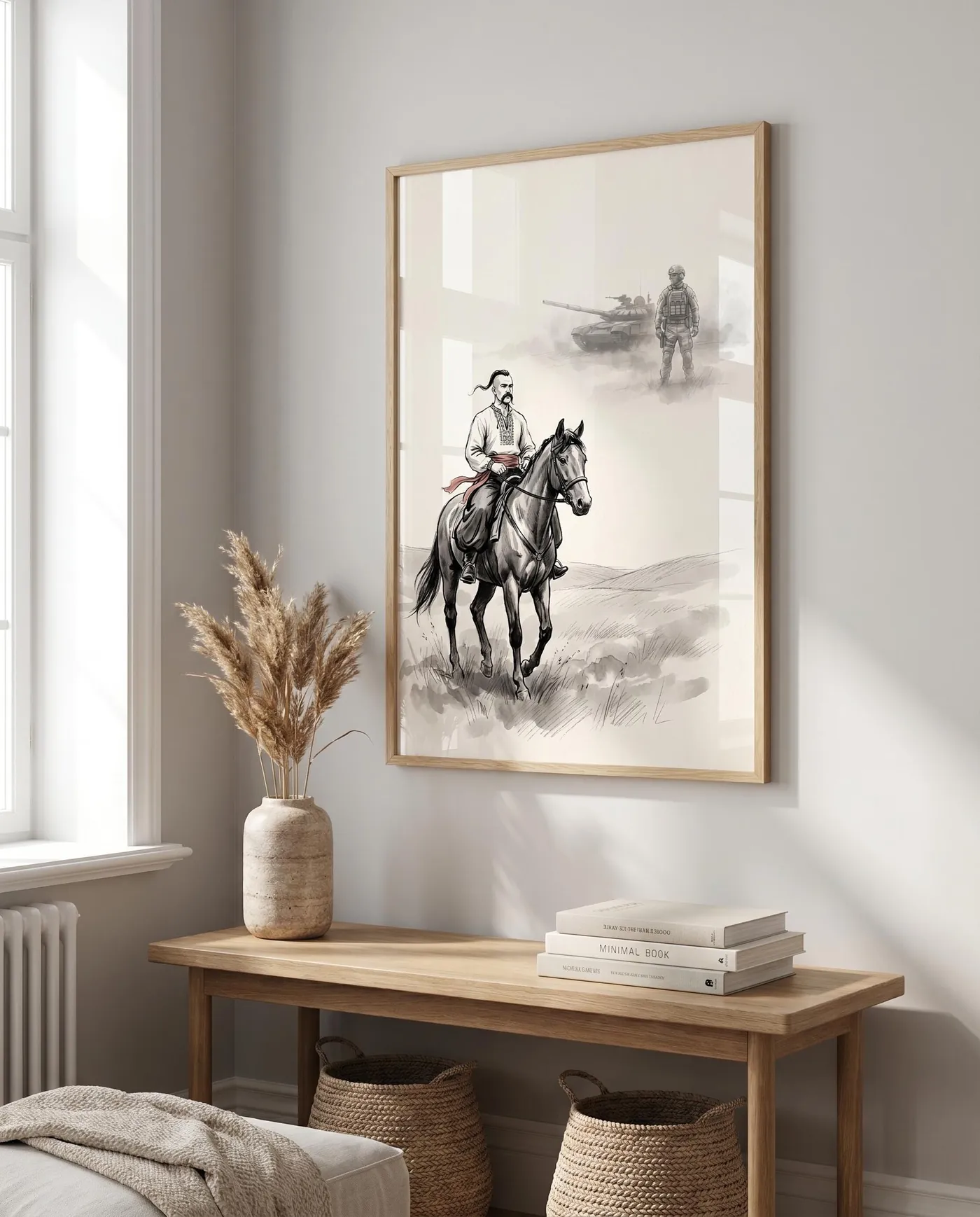 Ukrainian Wall Art | Cossack Horseman Modern Soldier Sumi-e Ink Print | Black and White Ink Decor | Digital Download