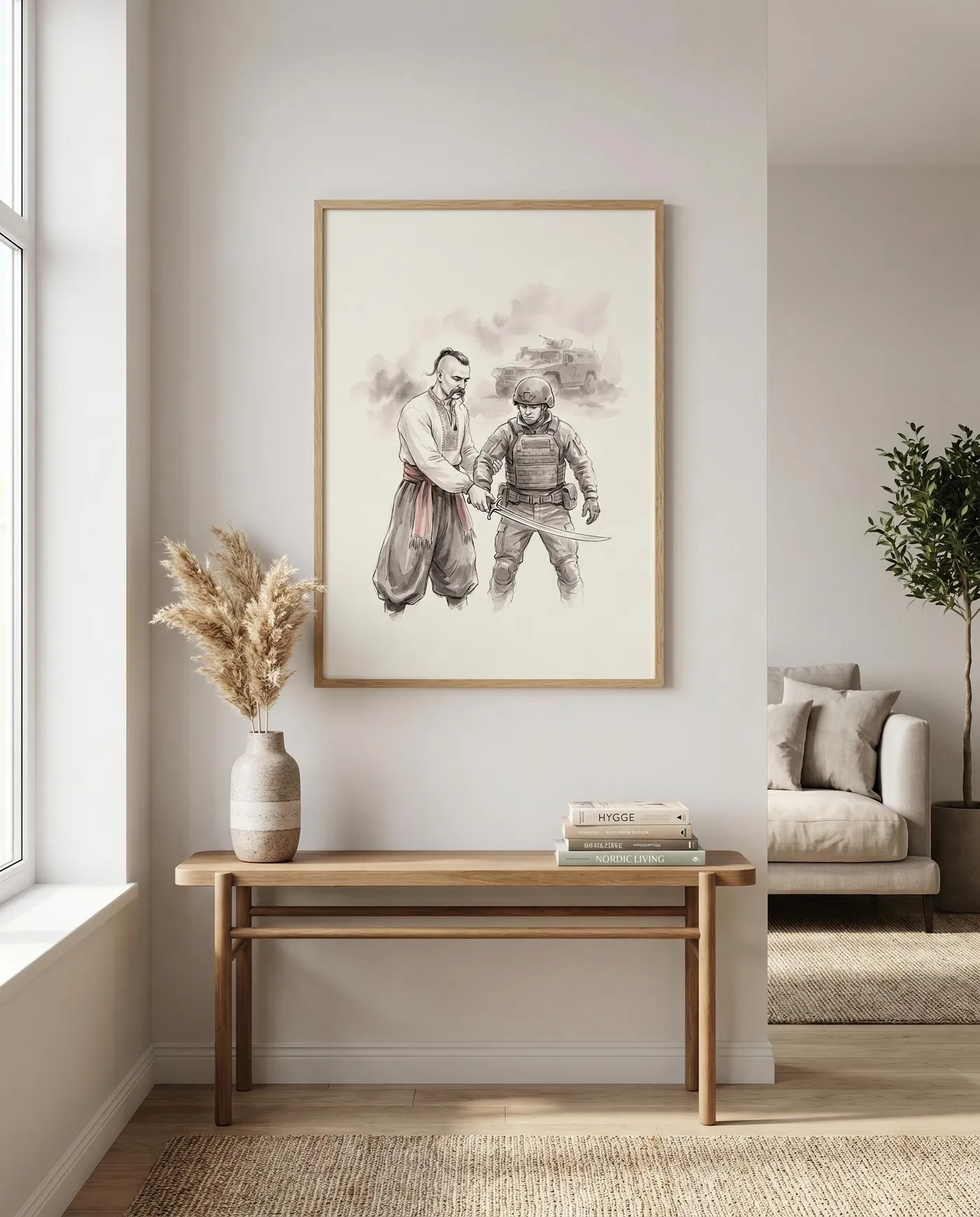 Ukrainian Wall Art | Cossack Teaching Saber Sumi-e Ink Print | Black and White Ink Decor | Digital Download