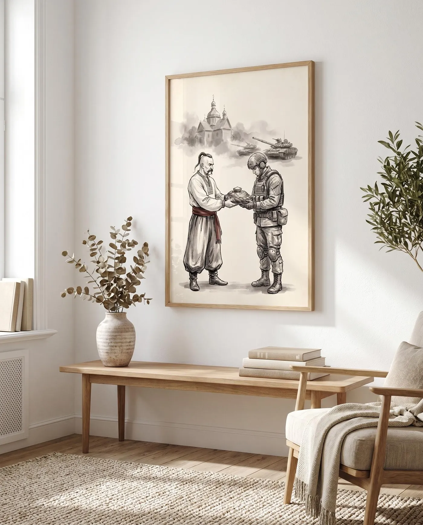 Ukrainian Wall Art | Cossack Offering Bread Salt Sumi-e Ink Print | Black and White Ink Decor | Digital Download