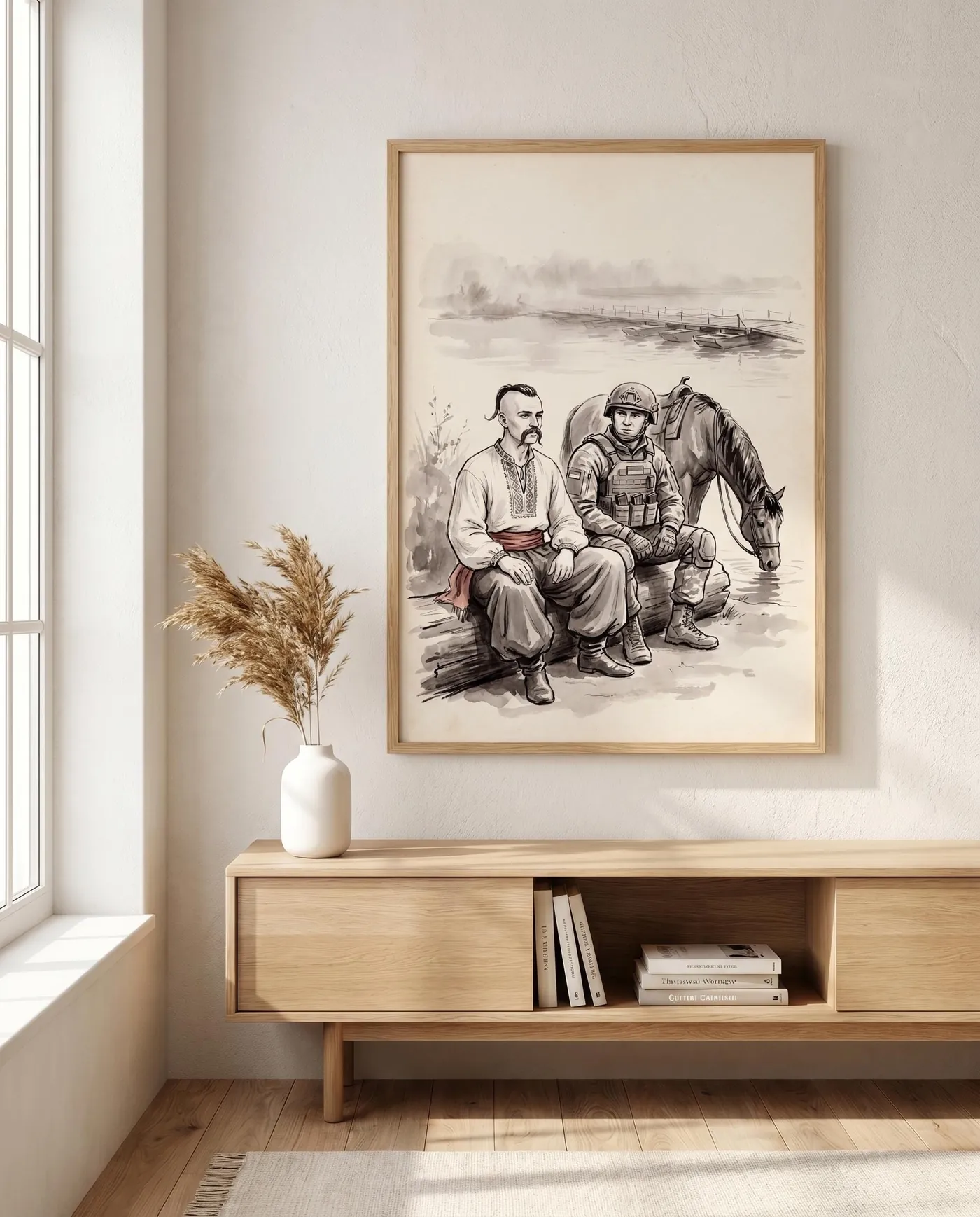 Ukrainian Wall Art | Cossack Soldier River Sumi-e Ink Print | Black and White Ink Decor | Digital Download