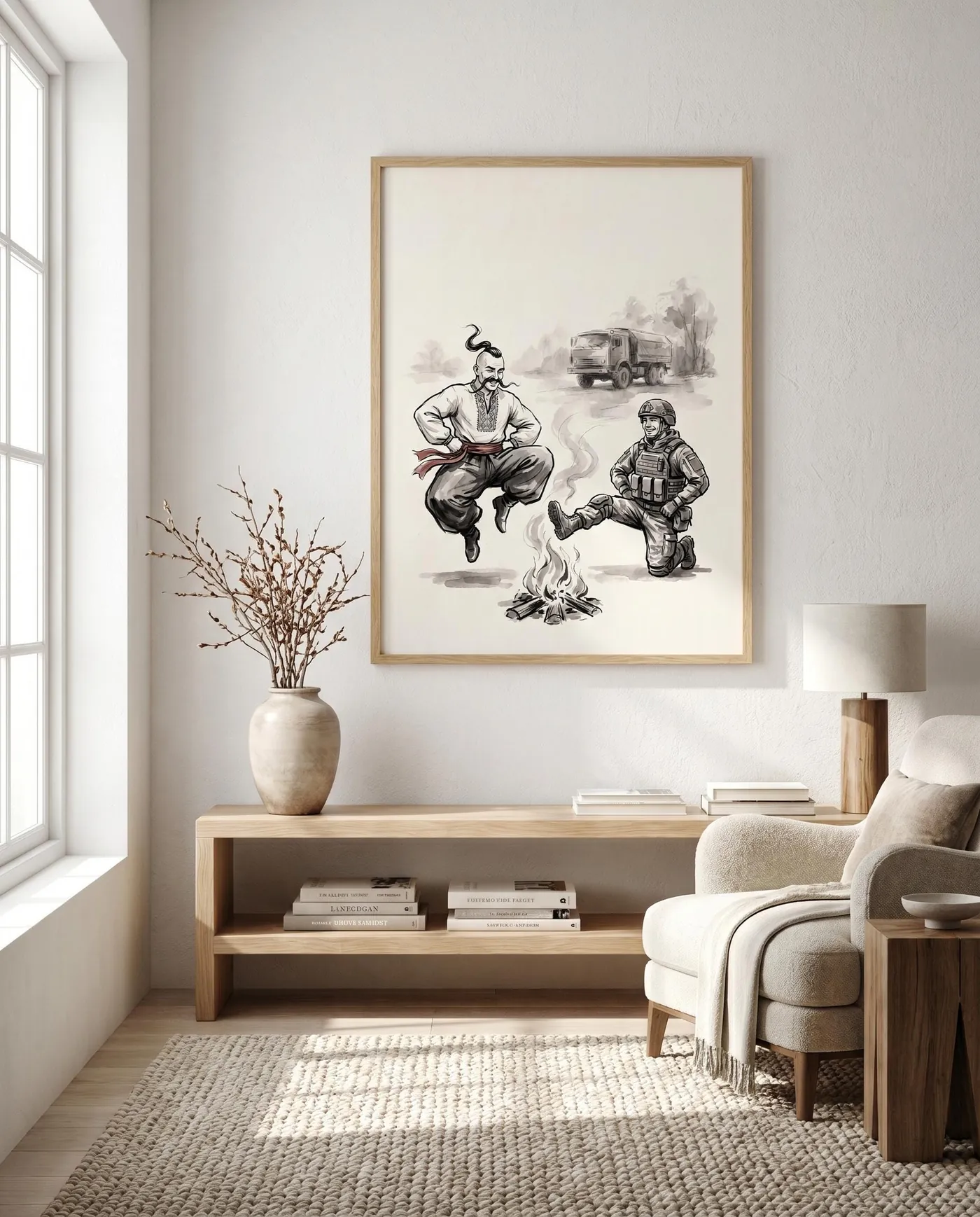 Ukrainian Wall Art | Cossack Teaching Hopak Dance Sumi-e Ink Print | Black and White Ink Decor | Digital Download