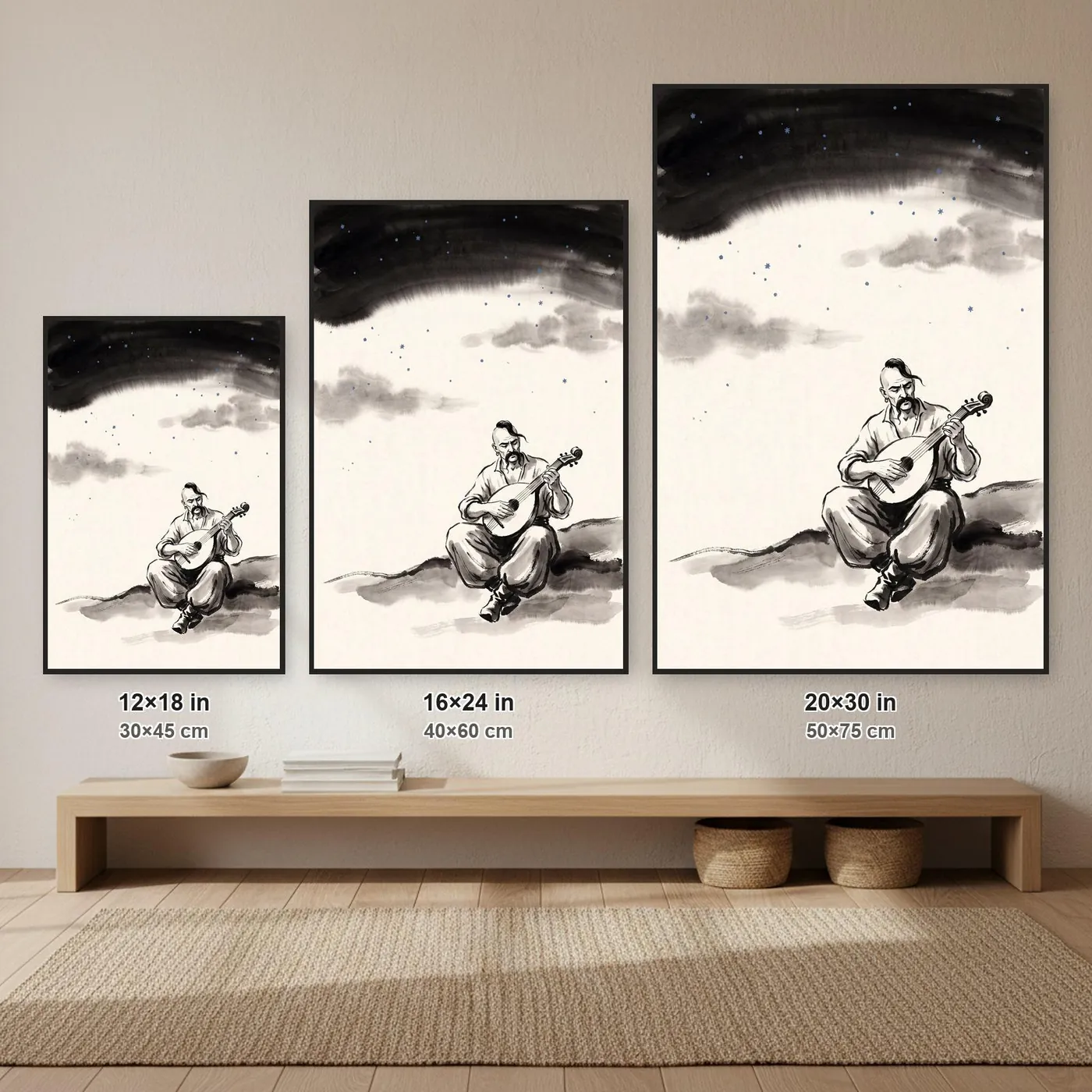 Ukrainian Wall Art | Cossack Playing Kobza at Sumi-e Ink Print | Black and White Ink Decor | A1 Ready Poster Print