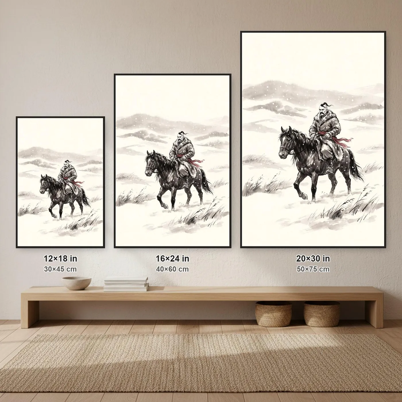 Ukrainian Wall Art | Cossack Winter Ride Through Sumi-e Ink Print | Black and White Ink Decor | A1 Ready Poster Print