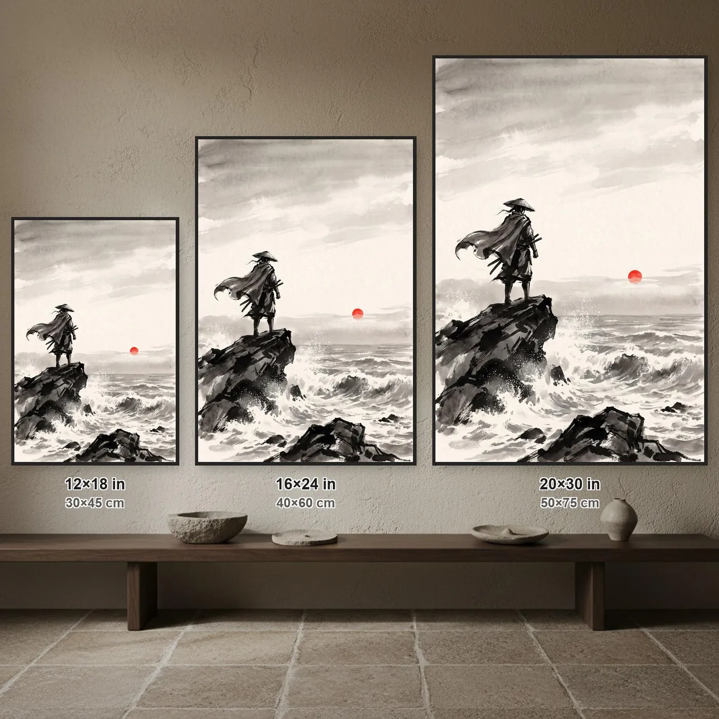 Samurai Wall Art | Ronin Sea Cliff at Sumi-e Ink Print | Black and White Zen Decor | A1 Ready Poster Print