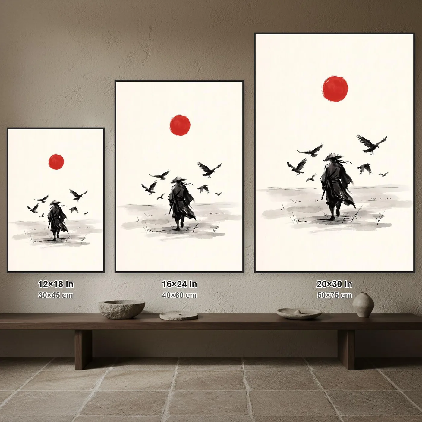 Samurai Wall Art | Ronin Walking Field Crows Sumi-e Ink Print | Black and White Zen Decor | A1 Ready Poster Print