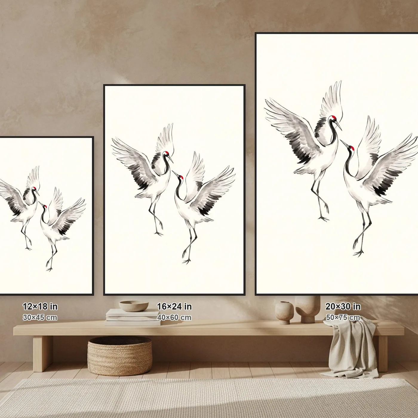 Japanese Wall Art | Pair Cranes Dancing Sumi-e Ink Print | Black and White Zen Decor | A1 Ready Poster Print