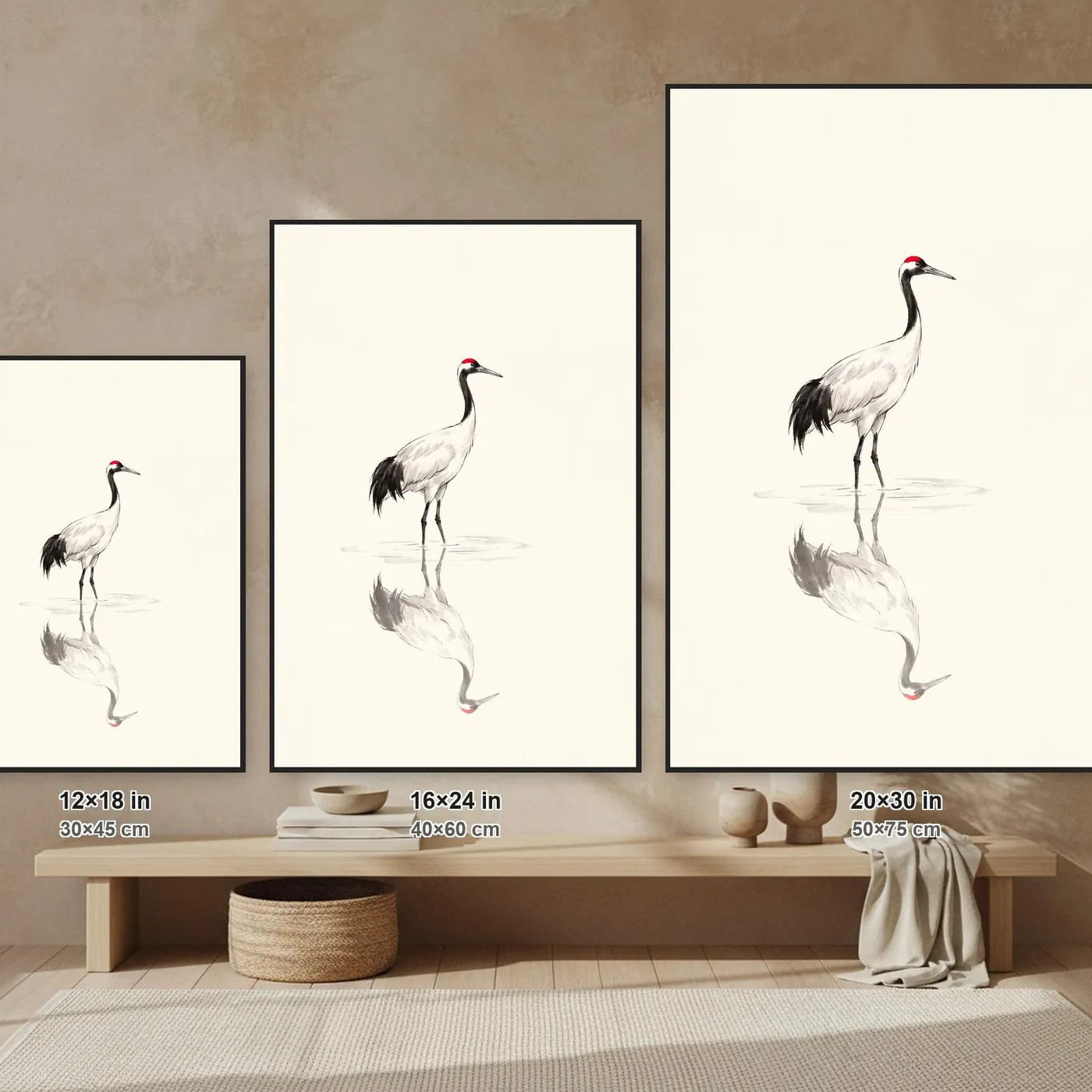 Japanese Wall Art | Crane Reflected Still Water Sumi-e Ink Print | Black and White Zen Decor | A1 Ready Poster Print