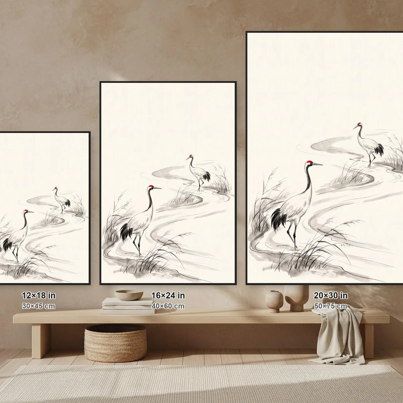 Japanese Wall Art | Two Cranes by River Sumi-e Ink Print | Black and White Zen Decor | A1 Ready Poster Print