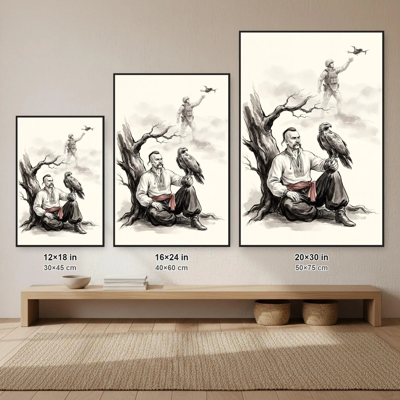 Ukrainian Wall Art | Cossack Soldier Eagle Drone Sumi-e Ink Print | Black and White Ink Decor | A1 Ready Poster Print