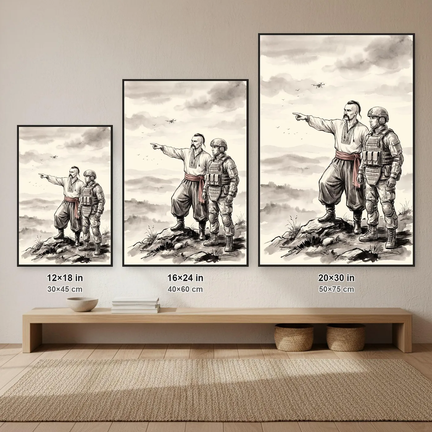 Ukrainian Wall Art | Cossack Soldier Shows Way Sumi-e Ink Print | Black and White Ink Decor | A1 Ready Poster Print