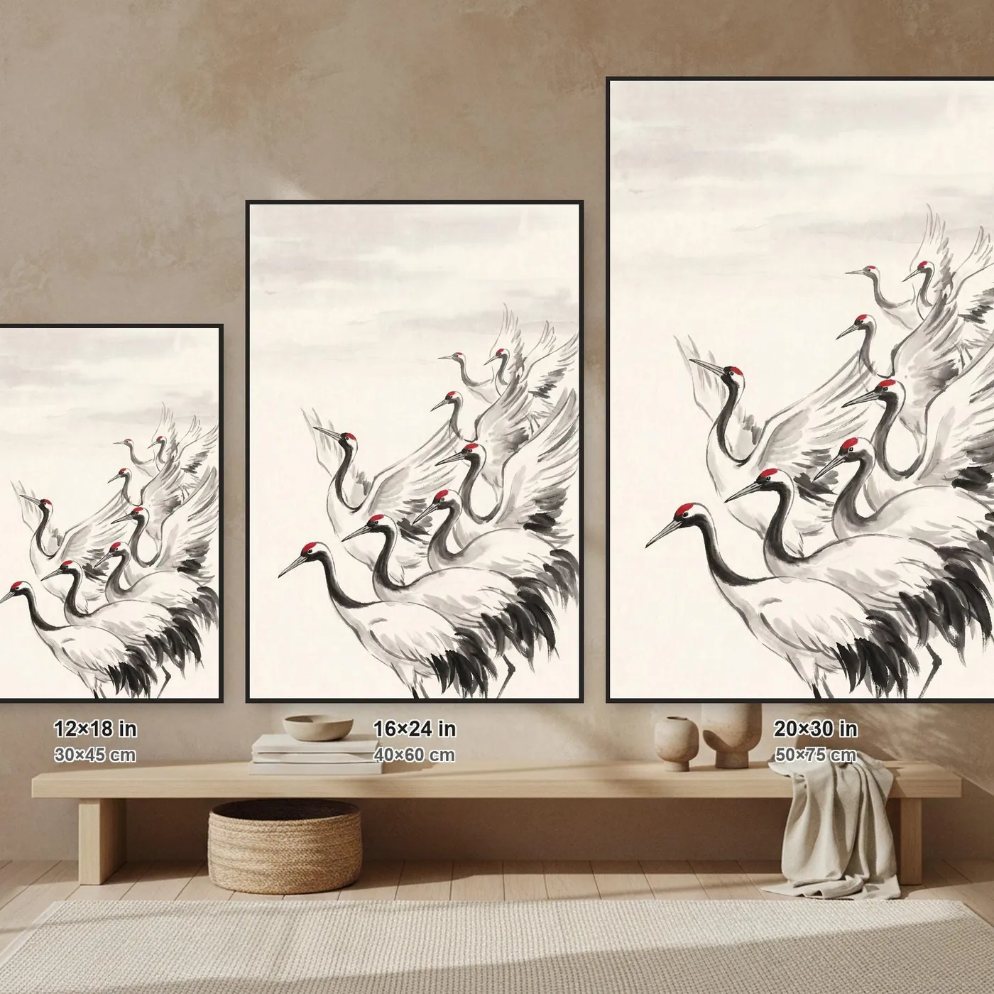 Japanese Wall Art | Flock Cranes at Dawn Sumi-e Ink Print | Black and White Zen Decor | A1 Ready Poster Print