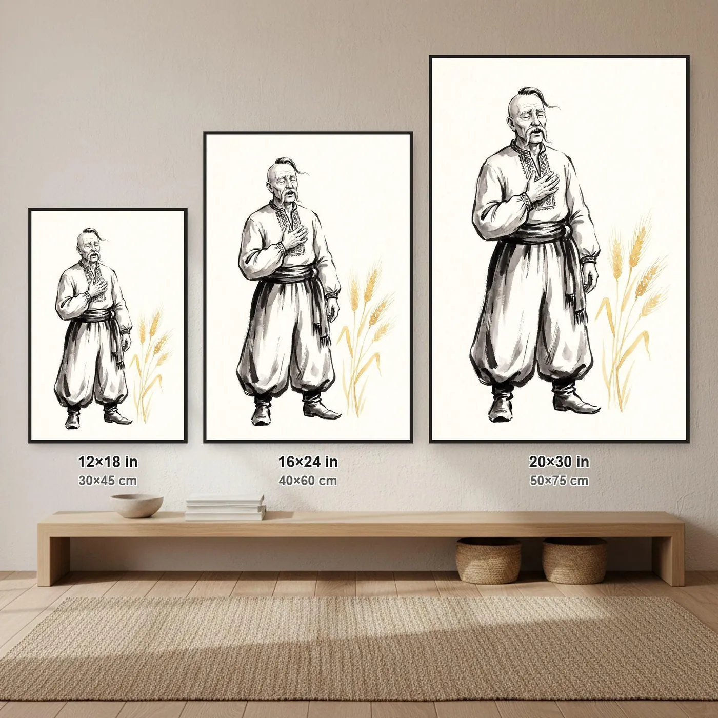 Ukrainian Wall Art | Cossack Singing Duma by Sumi-e Ink Print | Black and White Ink Decor | A1 Ready Poster Print