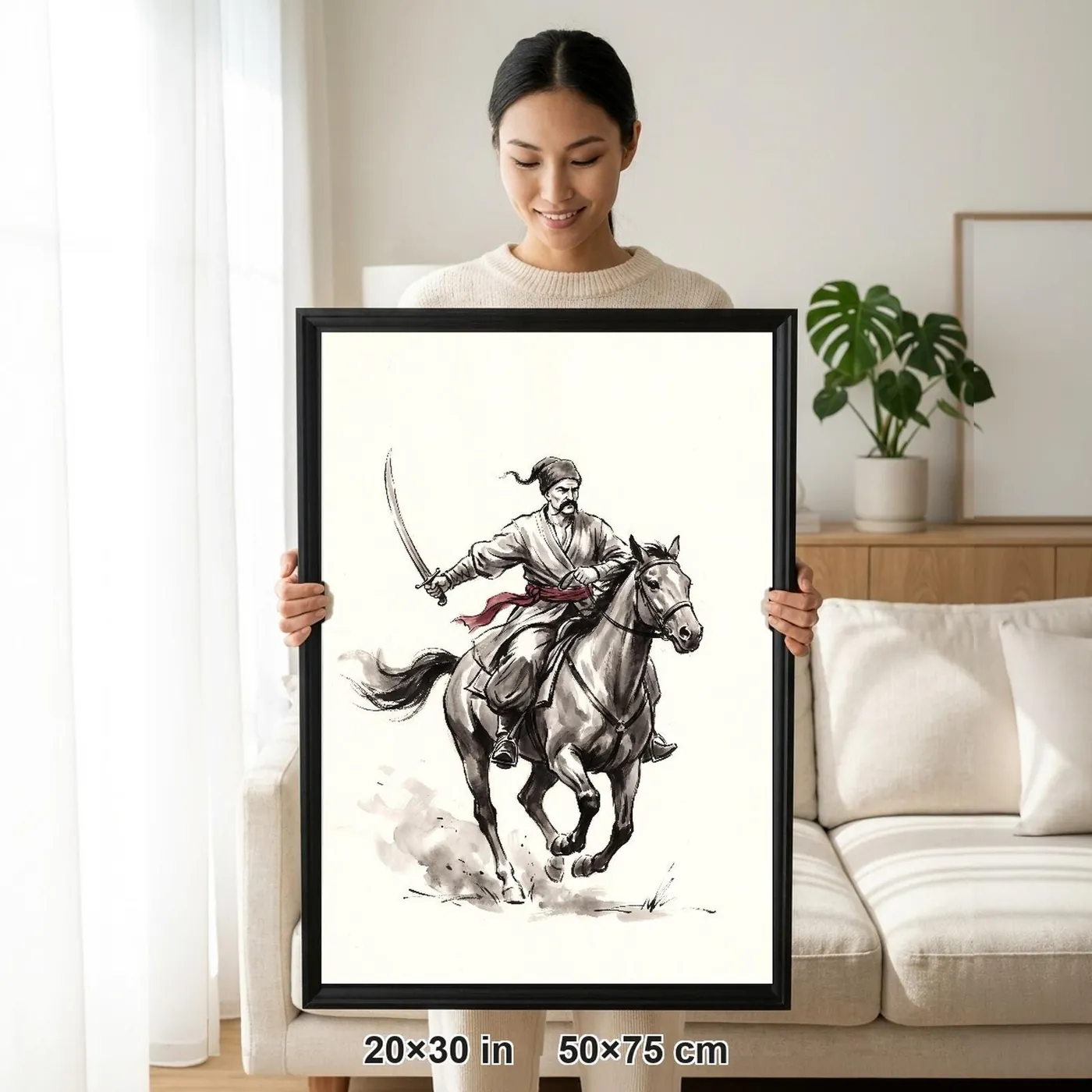 Framed Ukrainian Wall Art | Cossack Saber Charge Across Sumi-e Ink Print | Black and White Ink Decor | A1 Ready Poster Print