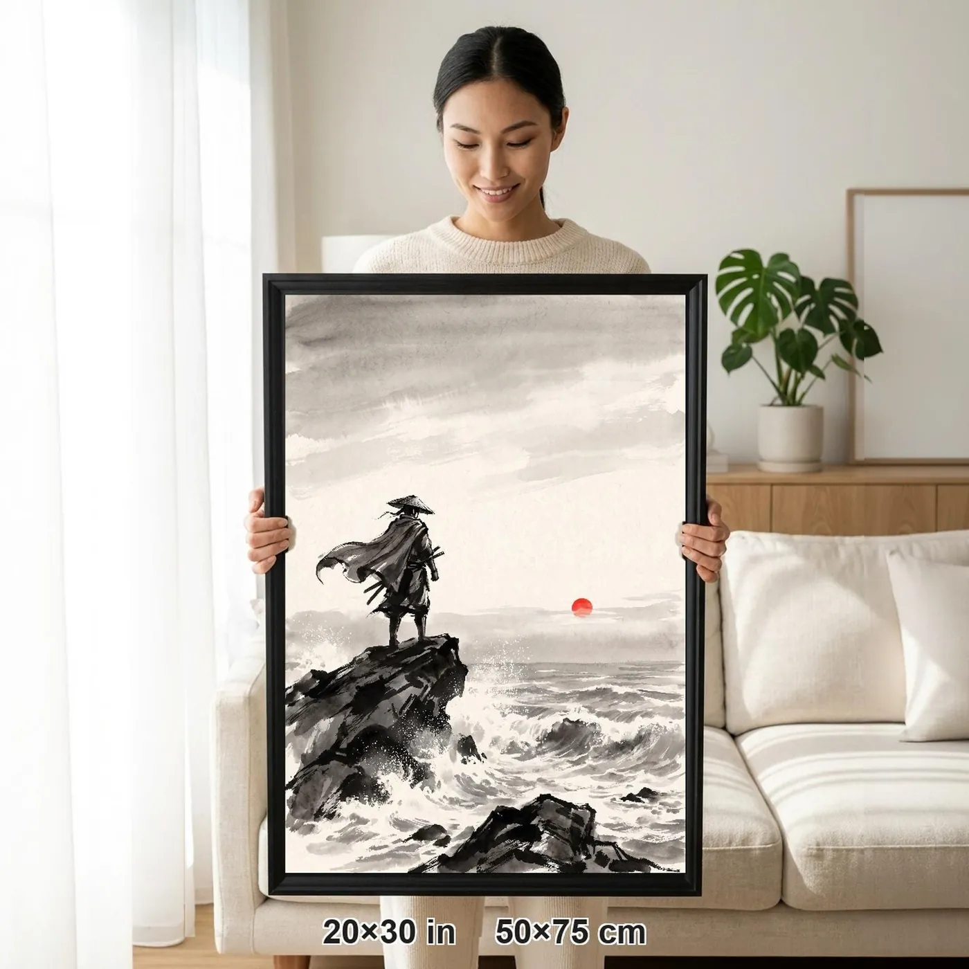 Framed Japanese Wall Art | Ronin Sea Cliff at Sumi-e Ink Print | Black and White Zen Decor | A1 Ready Poster Print