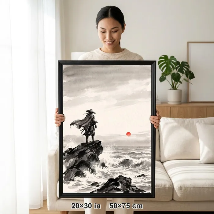 Framed Japanese Wall Art | Ronin Sea Cliff at Sumi-e Ink Print | Black and White Zen Decor | A1 Ready Poster Print