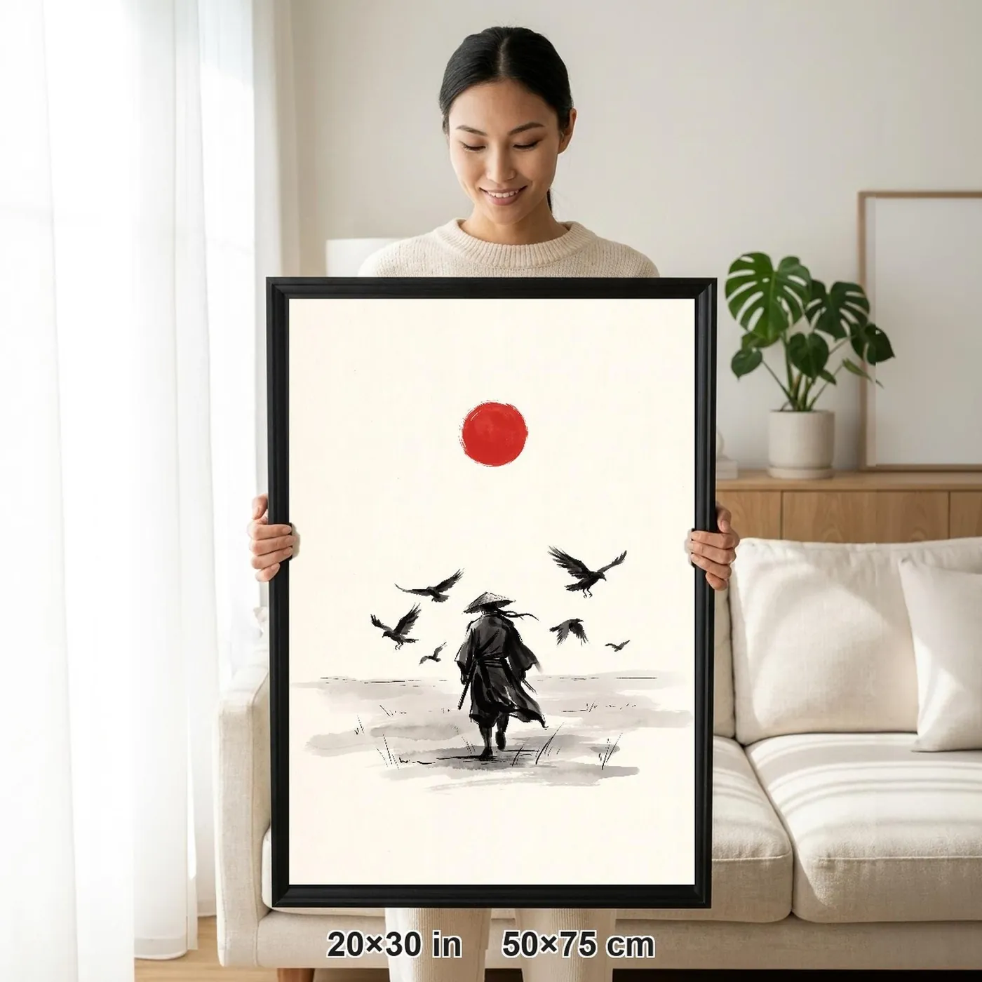 Framed Japanese Wall Art | Ronin Walking Field Crows Sumi-e Ink Print | Black and White Zen Decor | A1 Ready Poster Print
