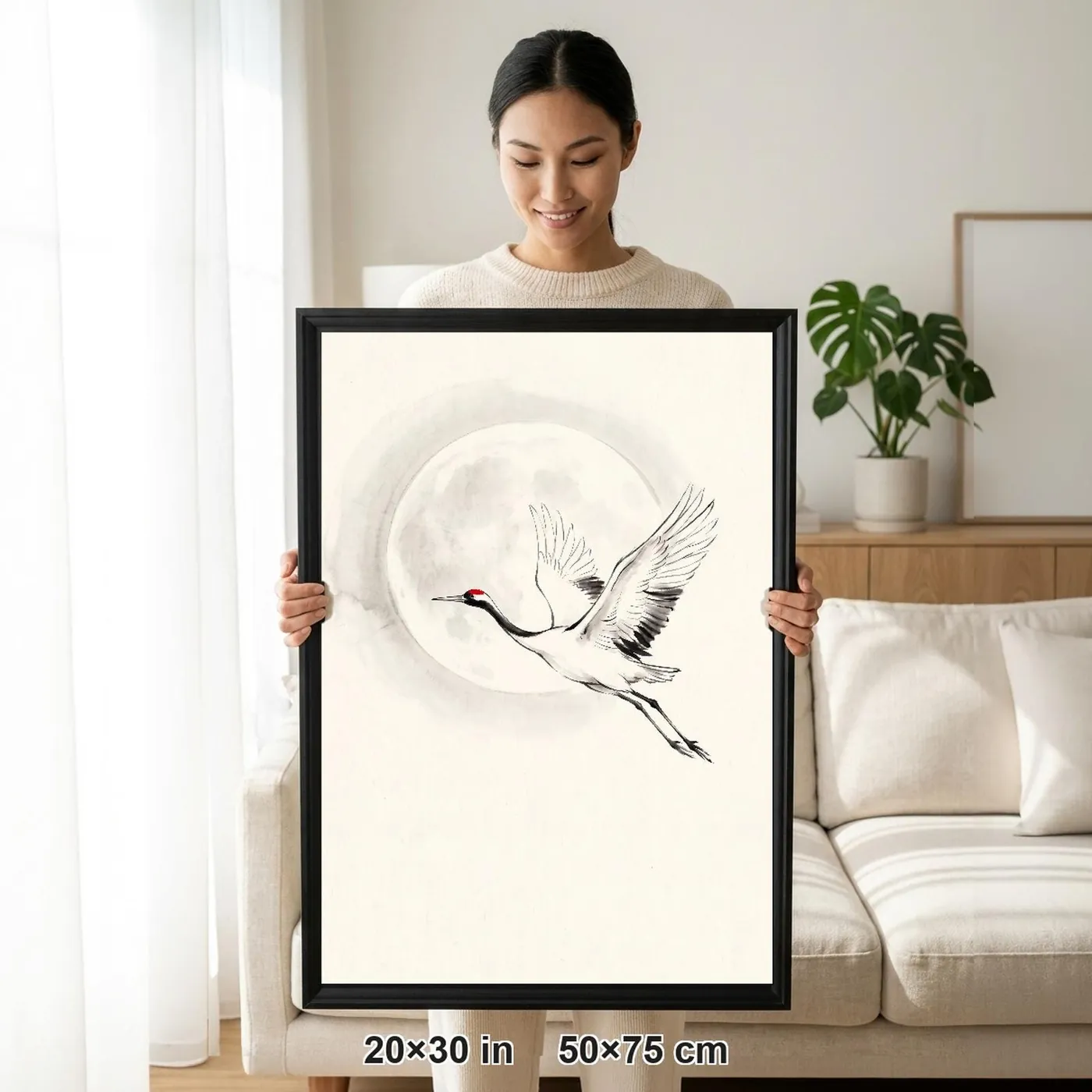 Framed Japanese Wall Art | Cranes Flight Before Moon Sumi-e Ink Print | Black and White Zen Decor | A1 Ready Poster Print