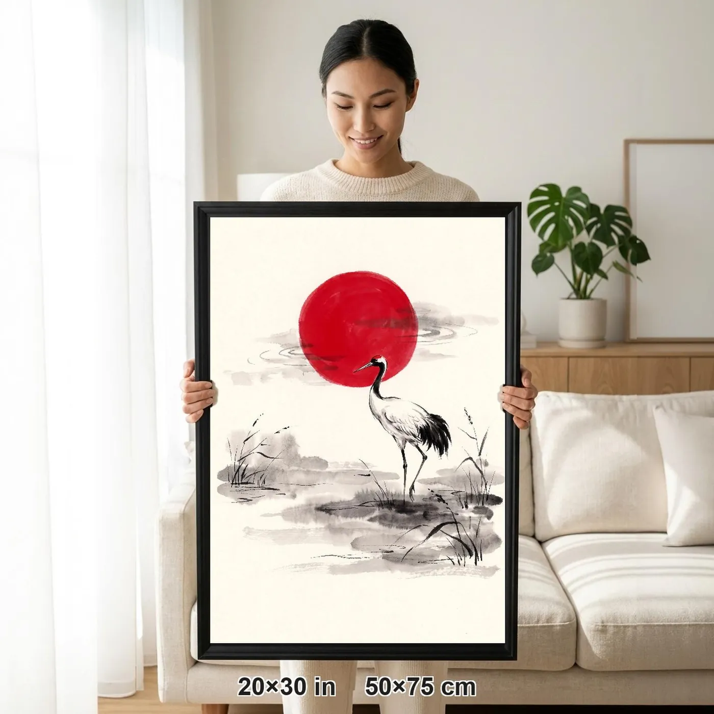 Framed Japanese Wall Art | Cranes Sunlit Marsh Sumi-e Ink Print | Black and White Zen Decor | A1 Ready Poster Print