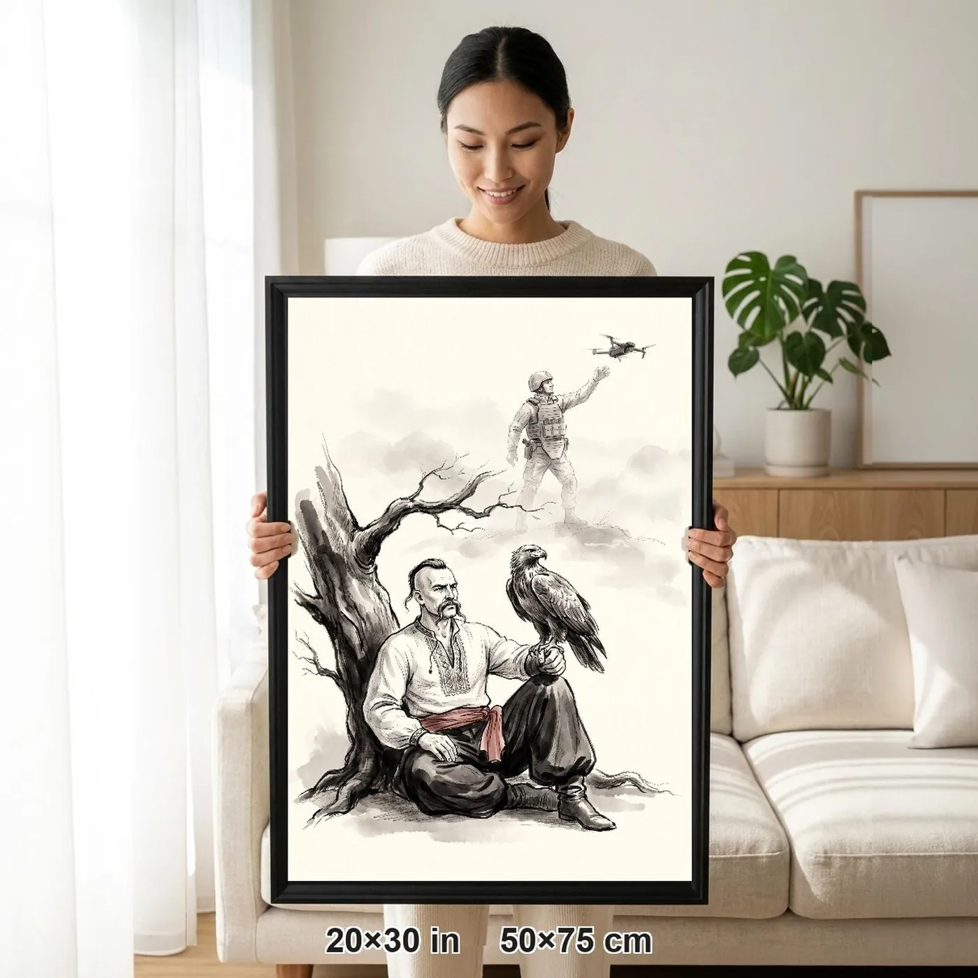 Framed Ukrainian Wall Art | Cossack Eagle Soldier Drone Sumi-e Ink Print | Black and White Ink Decor | A1 Ready Poster Print