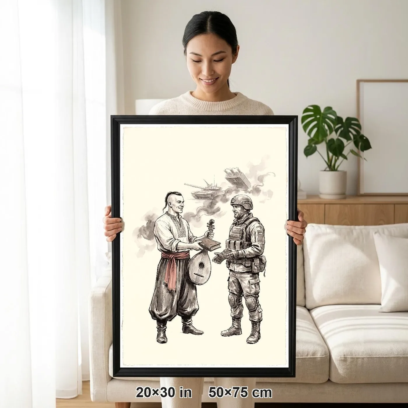 Framed Ukrainian Wall Art | Cossack Passing Kobza Wisdom Sumi-e Ink Print | Black and White Ink Decor | A1 Ready Poster Print
