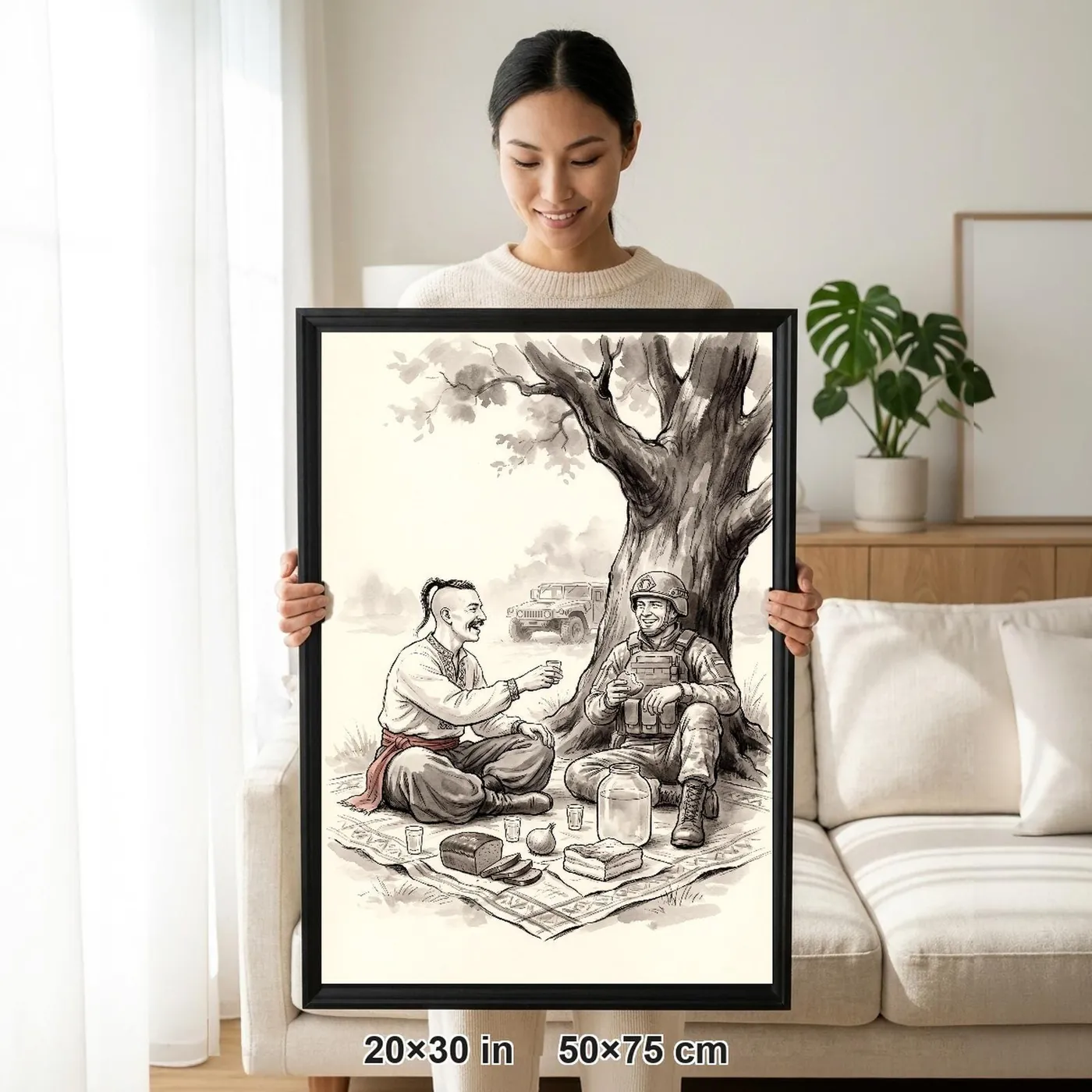Framed Ukrainian Wall Art | Cossack Soldier Sharing Feast Sumi-e Ink Print | Black and White Ink Decor | A1 Ready Poster Print