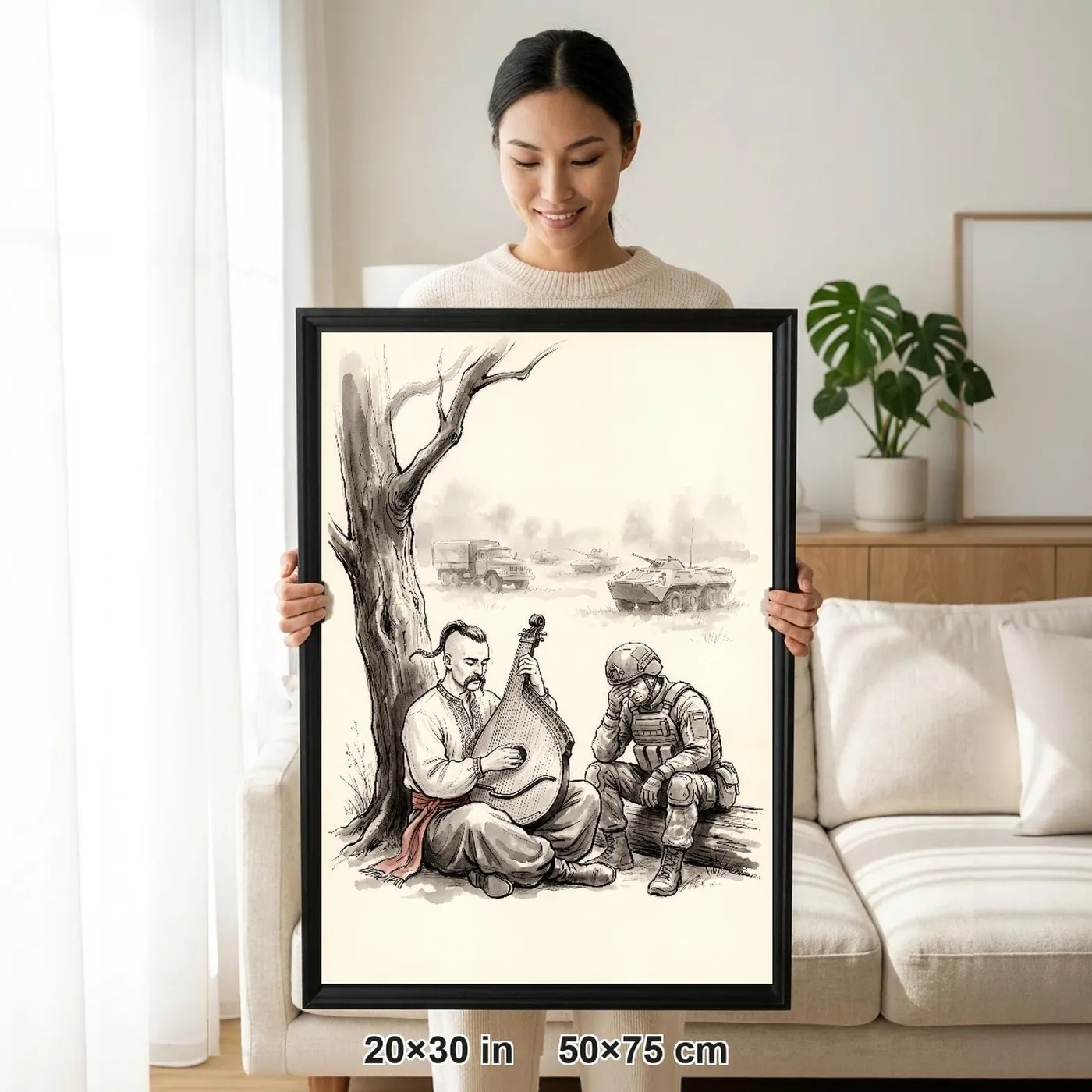 Framed Ukrainian Wall Art | Cossack Playing Bandura Soldier Sumi-e Ink Print | Black and White Ink Decor | A1 Ready Poster Print
