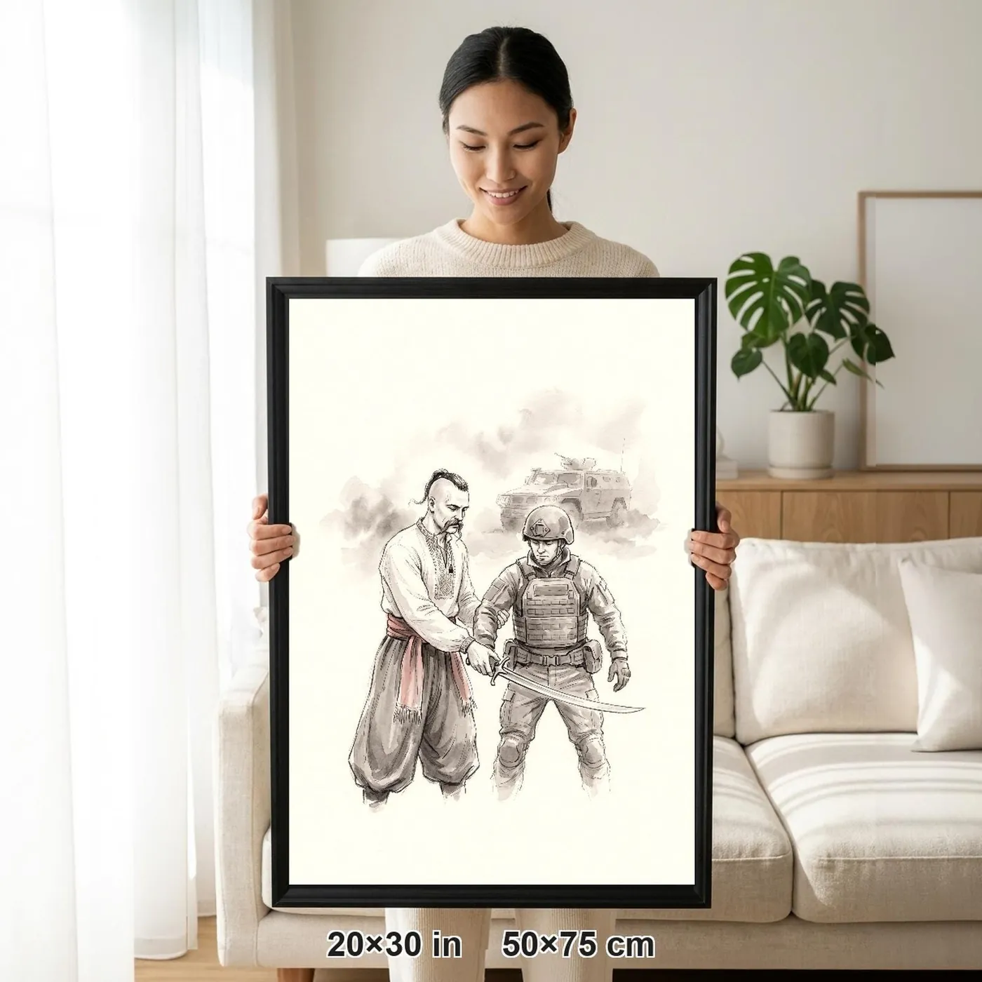 Framed Ukrainian Wall Art | Cossack Teaching Saber Sumi-e Ink Print | Black and White Ink Decor | A1 Ready Poster Print