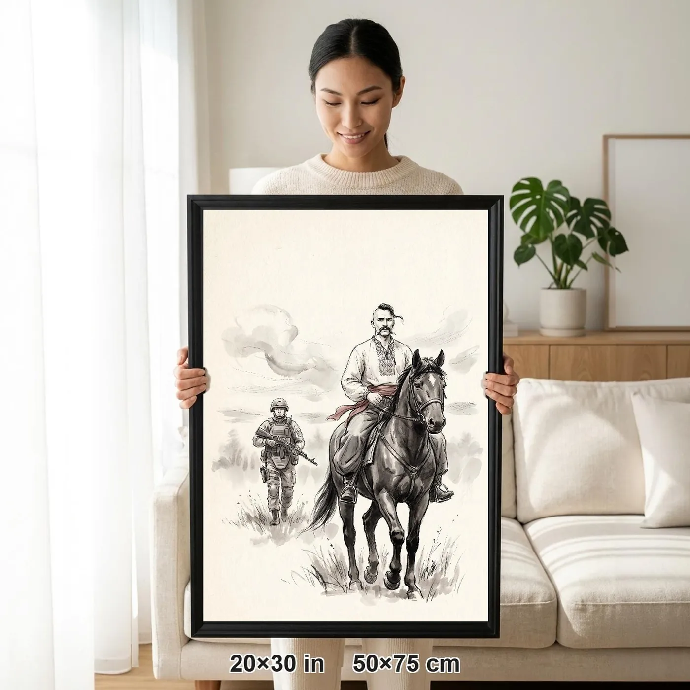 Framed Ukrainian Wall Art | Cossack Leading Way Sumi-e Ink Print | Black and White Ink Decor | A1 Ready Poster Print