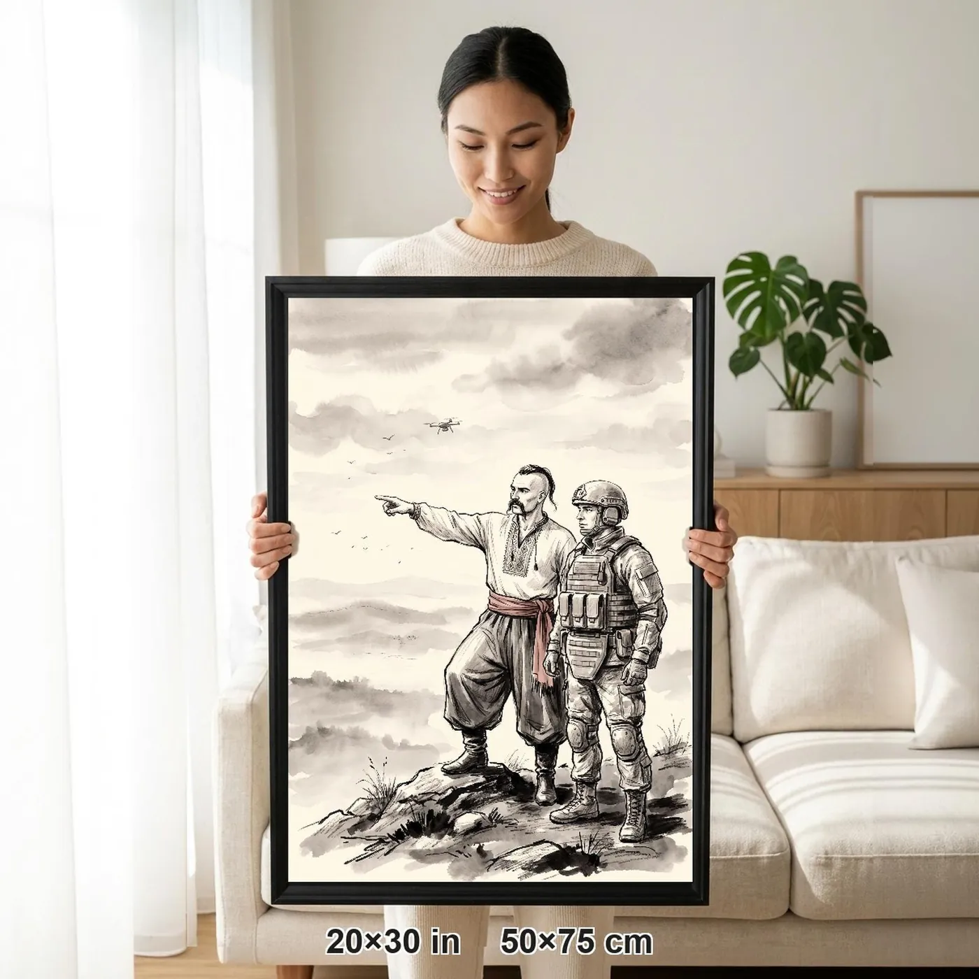Framed Ukrainian Wall Art | Cossack Shows Way at Sumi-e Ink Print | Black and White Ink Decor | A1 Ready Poster Print
