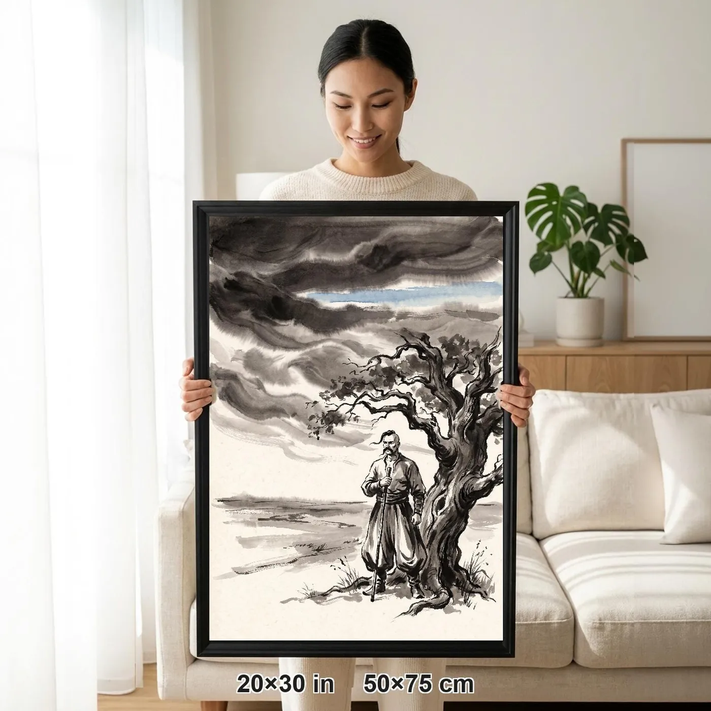Framed Ukrainian Wall Art | Cossack Beneath Storm Bent Oak Sumi-e Ink Print | Black and White Ink Decor | A1 Ready Poster Print