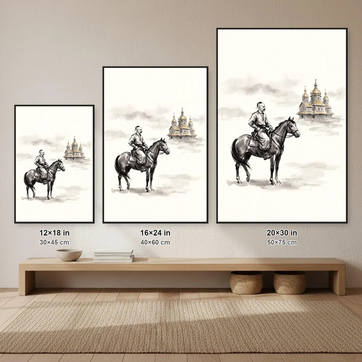 Ukrainian Wall Art | Lone Cossack Before Steppe Sumi-e Ink Print | Black and White Ink Decor | A1 Ready Poster Print