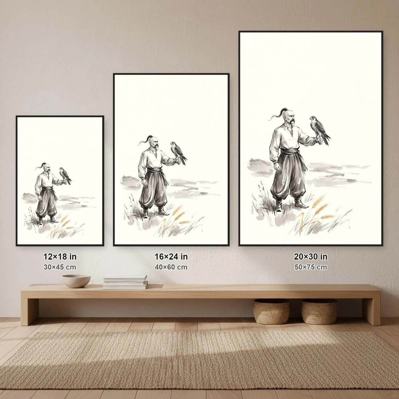 Ukrainian Wall Art | Cossack Falcon His Arm Sumi-e Ink Print | Black and White Ink Decor | A1 Ready Poster Print
