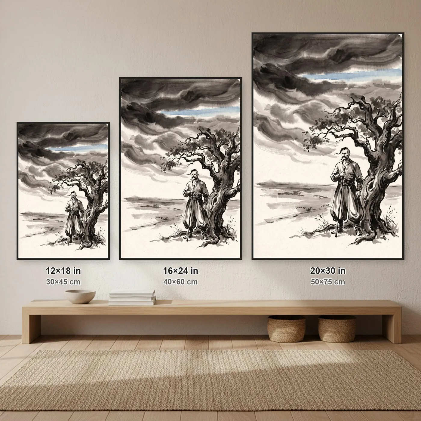 Ukrainian Wall Art | Cossack Beneath Storm Bent Oak Sumi-e Ink Print | Black and White Ink Decor | A1 Ready Poster Print