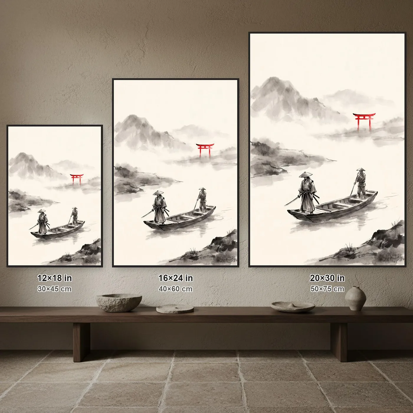 Samurai Wall Art | Ronin Crossing Misty Ferry Sumi-e Ink Print | Black and White Zen Decor | A1 Ready Poster Print