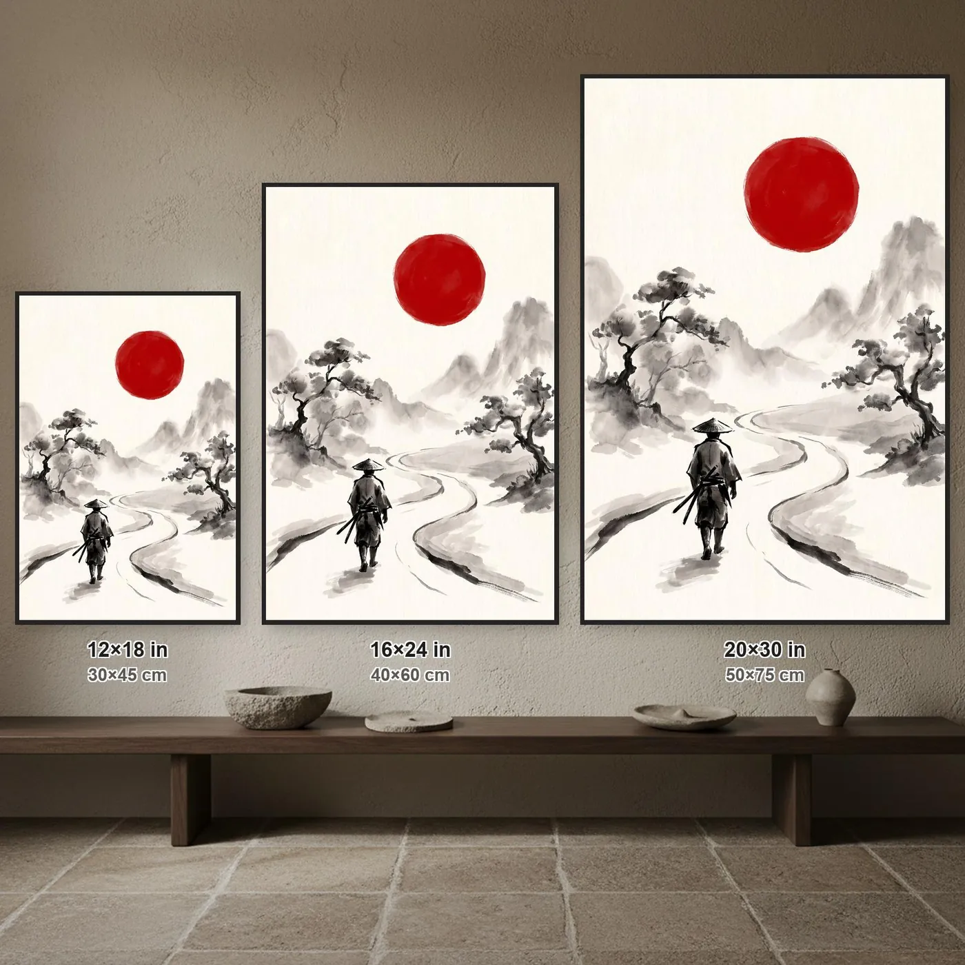 Japanese Wall Art | Ronin Mountain Road at Sumi-e Ink Print | Black and White Zen Decor | A1 Ready Poster Print