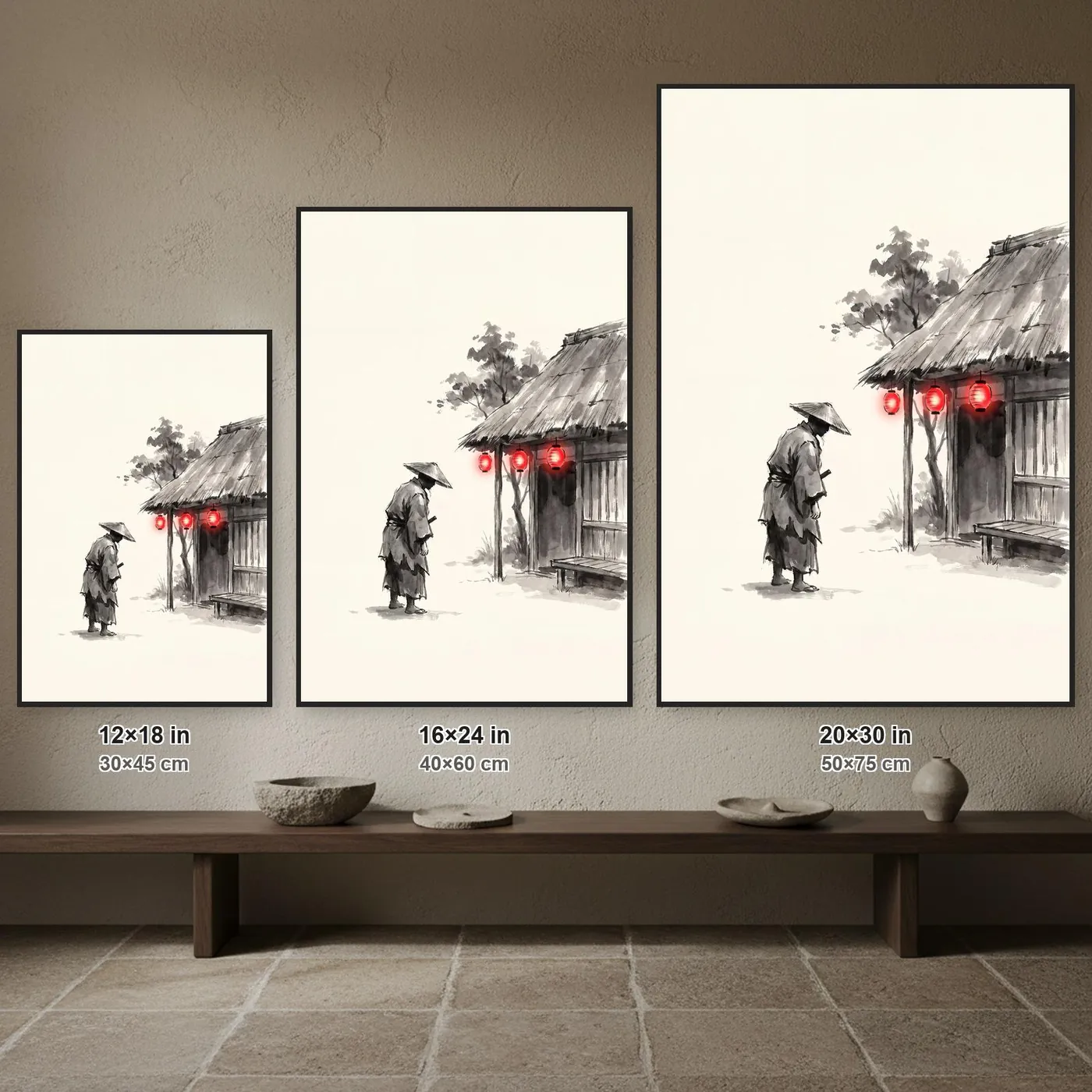 Japanese Wall Art | Ronin at Lantern Lit Teahouse Sumi-e Ink Print | Black and White Zen Decor | A1 Ready Poster Print