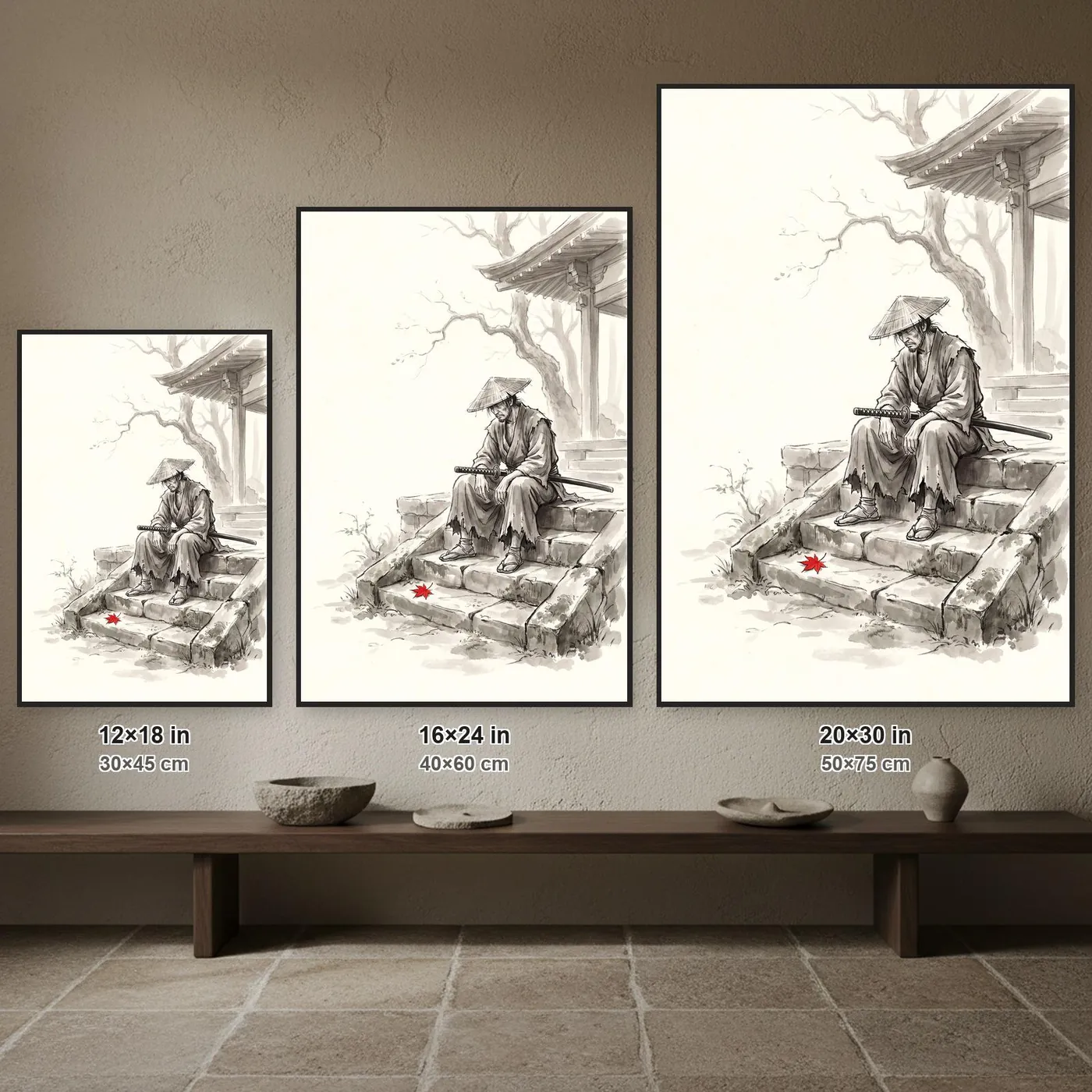 Samurai Wall Art | Ronin Ascending Temple Steps Sumi-e Ink Print | Black and White Zen Decor | A1 Ready Poster Print