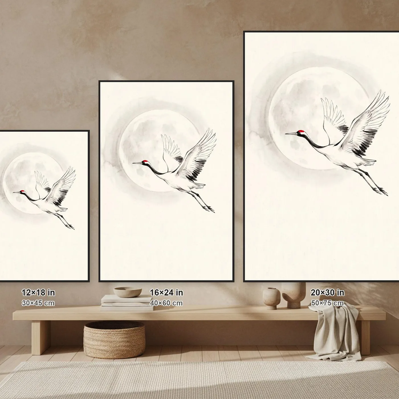 Japanese Wall Art | Cranes Flight Before Moon Sumi-e Ink Print | Black and White Zen Decor | A1 Ready Poster Print