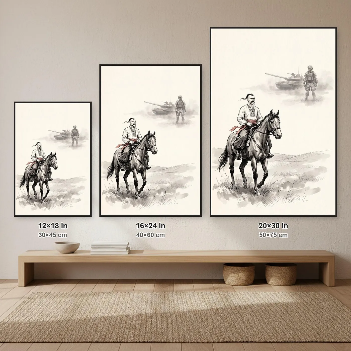 Ukrainian Wall Art | Cossack Horseman Modern Soldier Sumi-e Ink Print | Black and White Ink Decor | A1 Ready Poster Print
