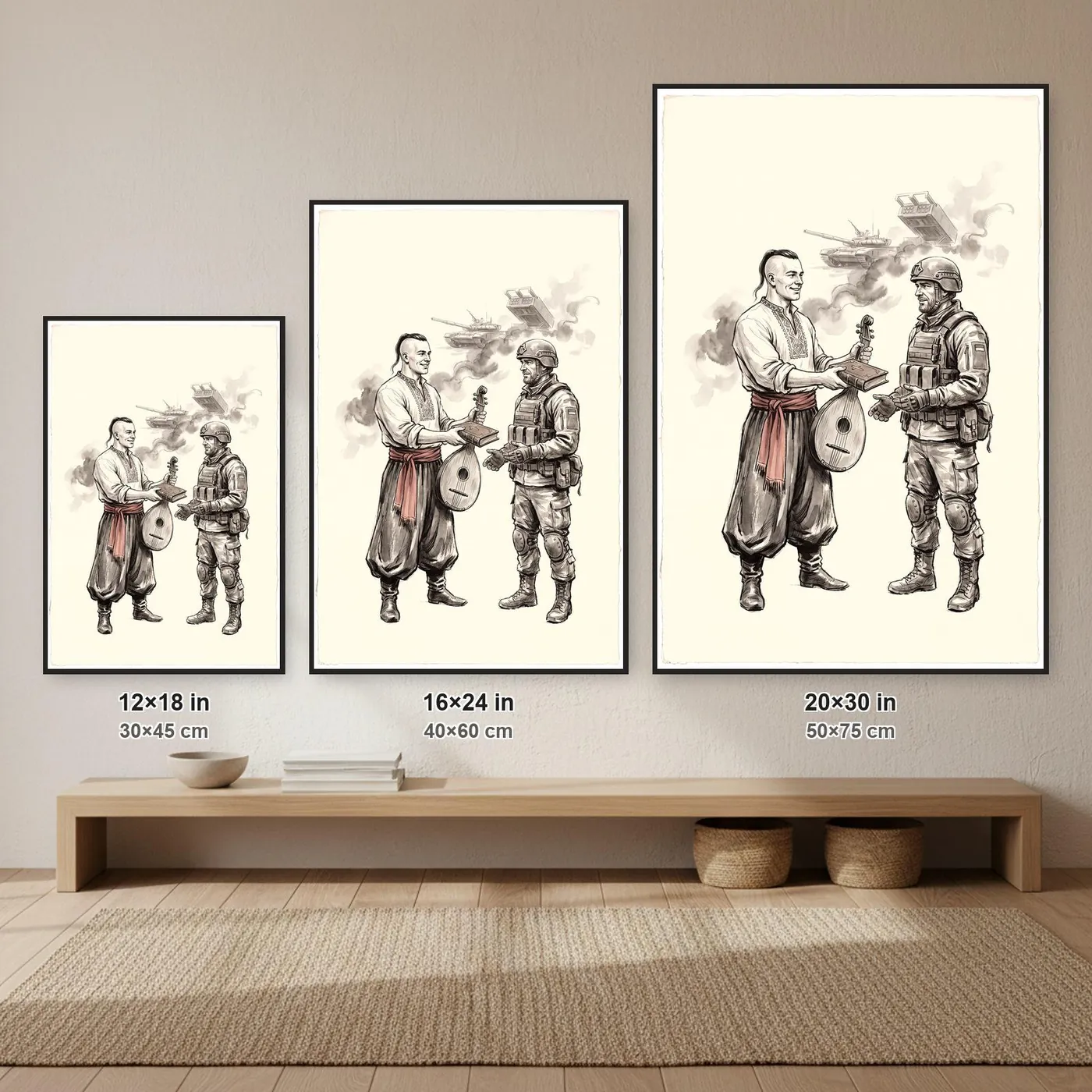 Ukrainian Wall Art | Cossack Soldier Passing Kobza Sumi-e Ink Print | Black and White Ink Decor | A1 Ready Poster Print