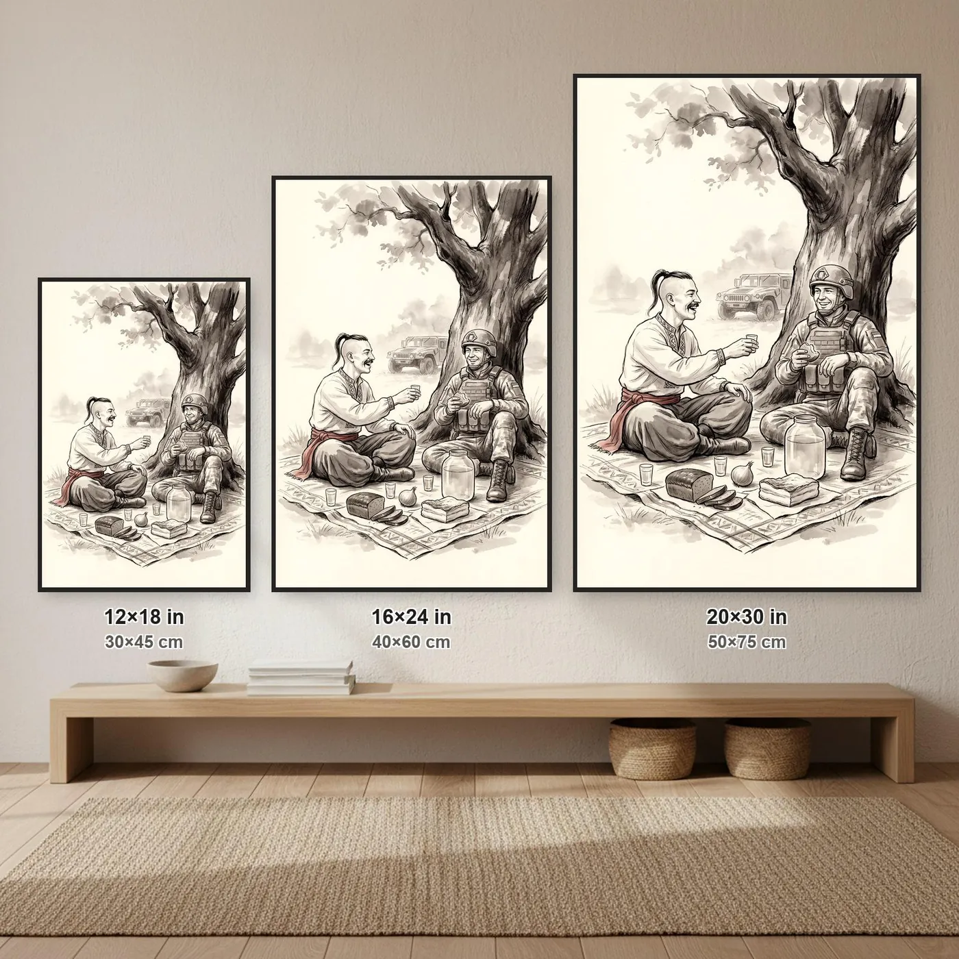 Ukrainian Wall Art | Heritage Cossack Soldier Feast Sumi-e Ink Print | Black and White Ink Decor | A1 Ready Poster Print