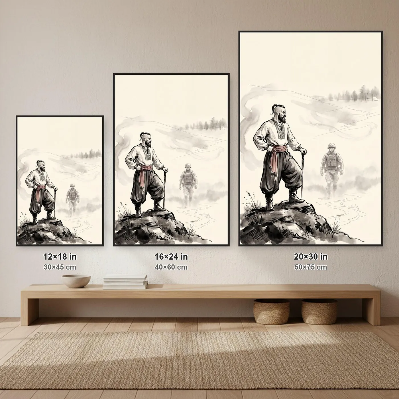 Ukrainian Wall Art | Heritage Cossack Soldier Sumi-e Ink Print | Black and White Ink Decor | A1 Ready Poster Print