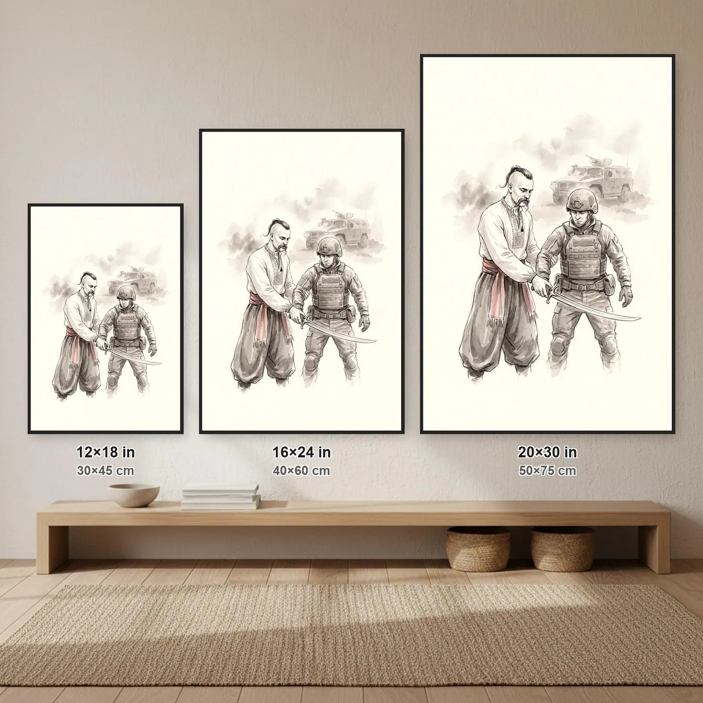 Ukrainian Wall Art | Cossack Soldier Teaching Saber Sumi-e Ink Print | Black and White Ink Decor | A1 Ready Poster Print