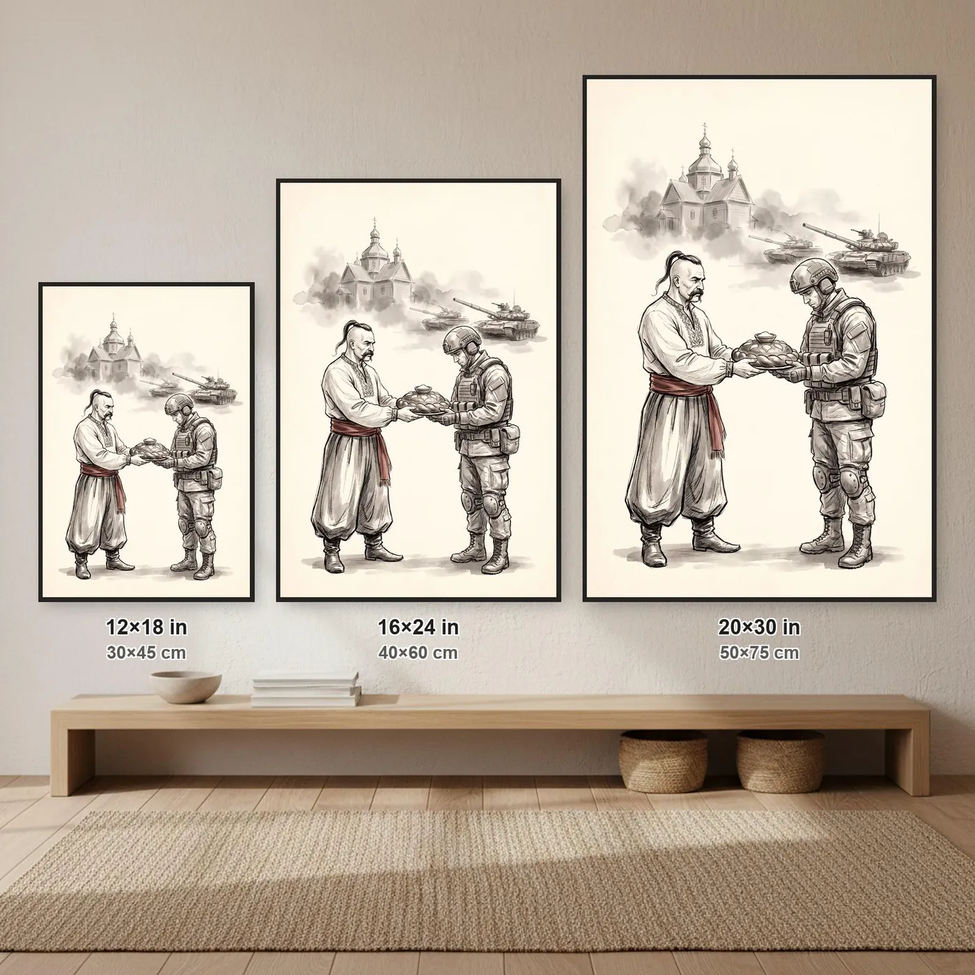 Ukrainian Wall Art | Cossack Soldier Offering Bread Sumi-e Ink Print | Black and White Ink Decor | A1 Ready Poster Print