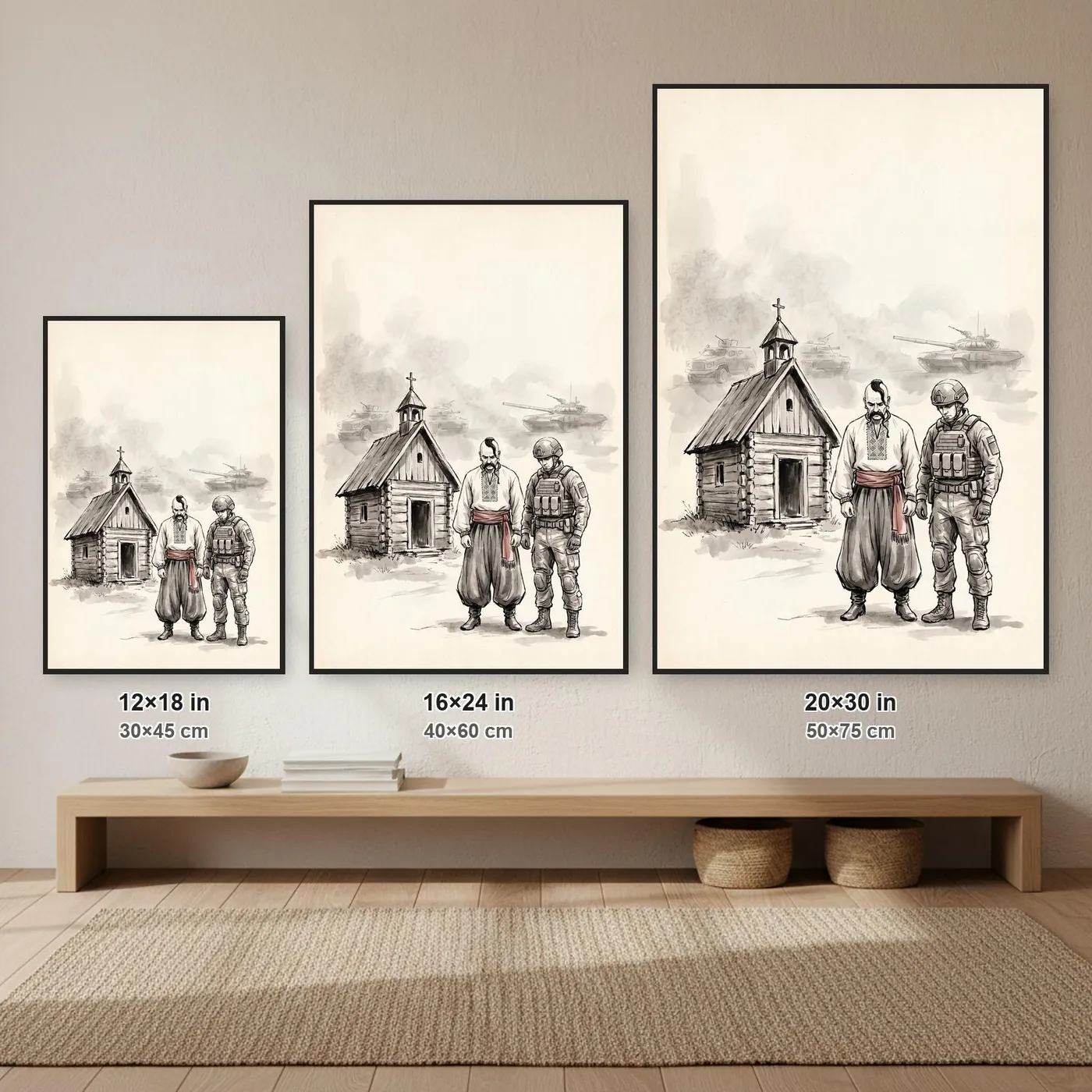 Ukrainian Wall Art | Heritage Cossack Soldier Chapel Sumi-e Ink Print | Black and White Ink Decor | A1 Ready Poster Print