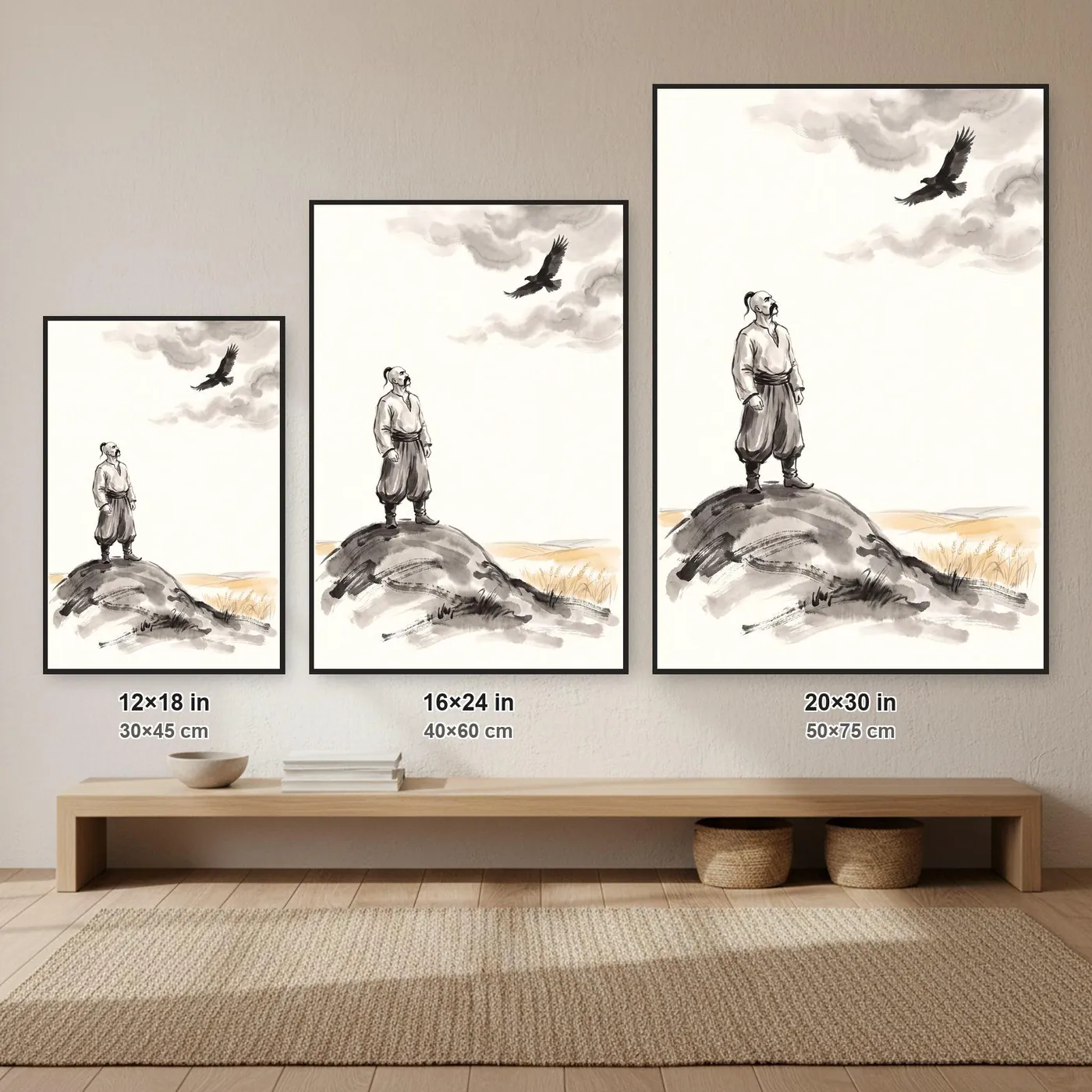 Ukrainian Wall Art | Cossack Eagle Windswept Hill Sumi-e Ink Print | Black and White Ink Decor | A1 Ready Poster Print