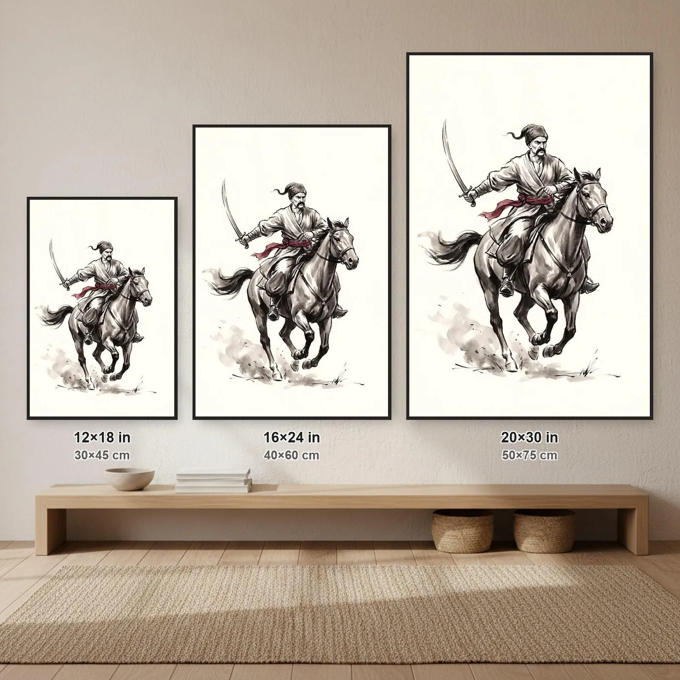 Ukrainian Wall Art | Cossack Saber Charge Across Sumi-e Ink Print | Black and White Ink Decor | A1 Ready Poster Print