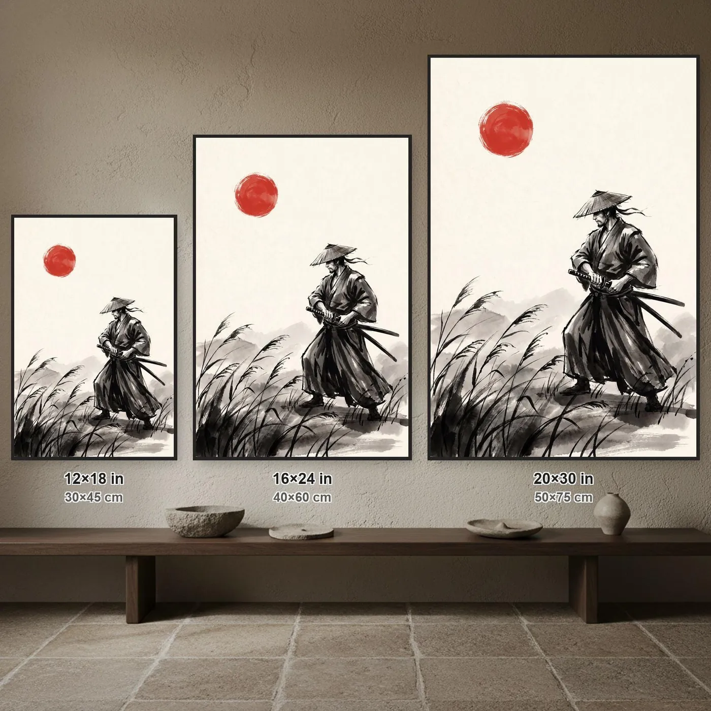 Samurai Wall Art | Ronin Duel Among Reeds Sumi-e Ink Print | Black and White Zen Decor | A1 Ready Poster Print